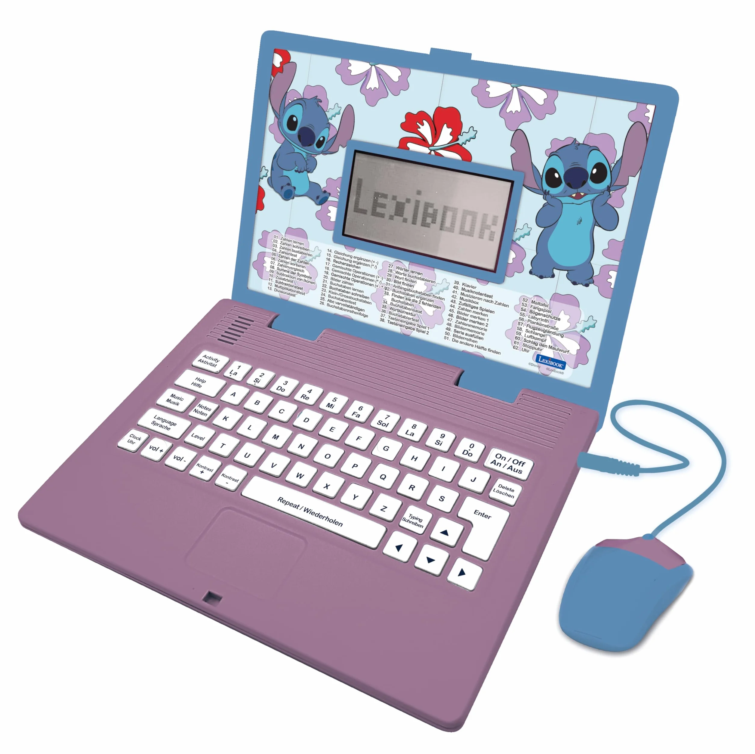 LEXIBOOK, Disney Stitch Niemiecki/Angielski dwujęzyczny komputer edukacyjny, zabawka dla dzieci z 124 językami, pisanie, matematyka, logika, zajęcia muzyczne i gry, fioletowy/niebieski, JC598Di3