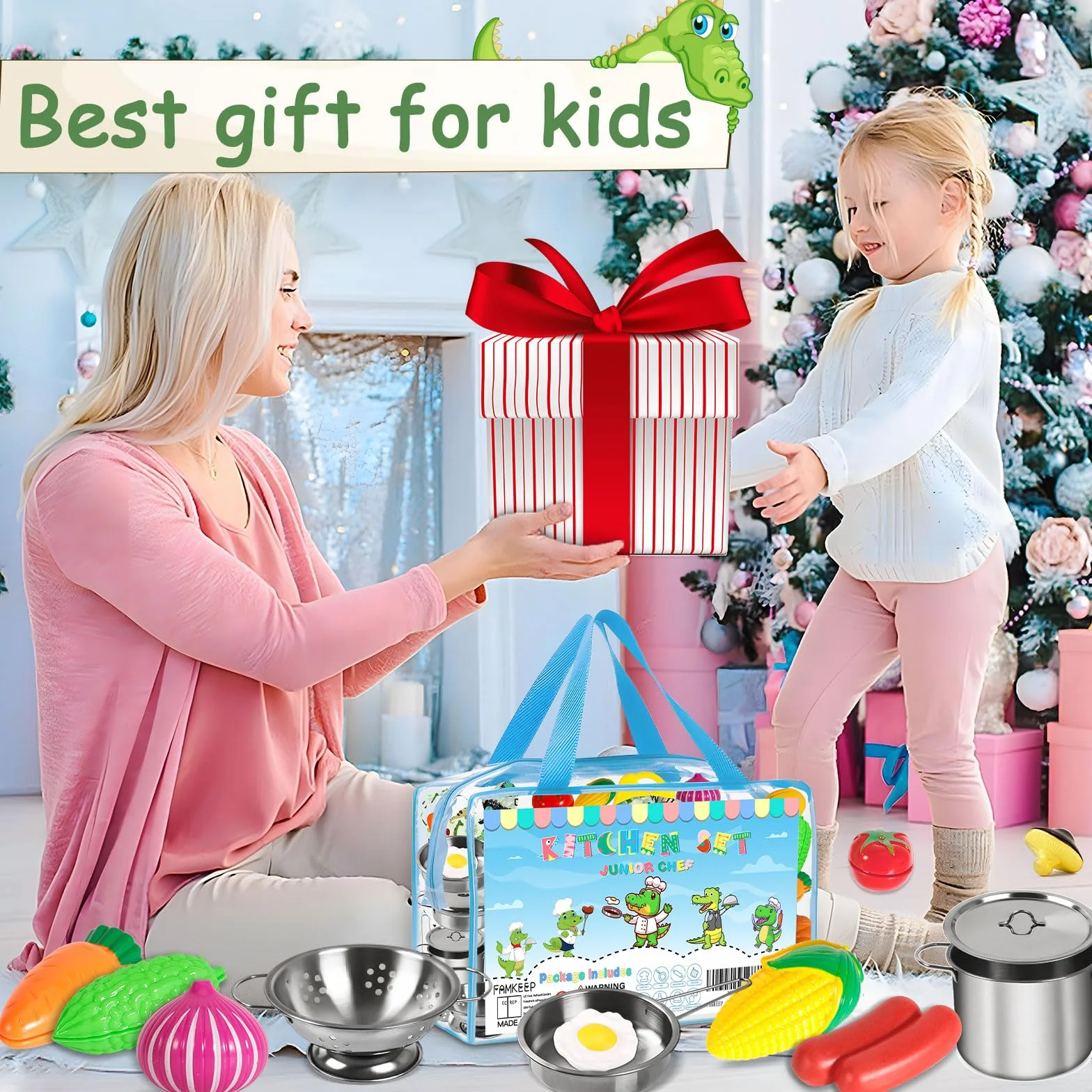 FAMKEEP Zabawki kuchenne dla dzieci Akcesoria, 30 sztuk zabawki szefa kuchni dla dzieci, zestaw kulinarnych przyborów kuchennych Mini zabawka kuchnia, warzywa do krojenia, fartuch i czapka szefa kuchni