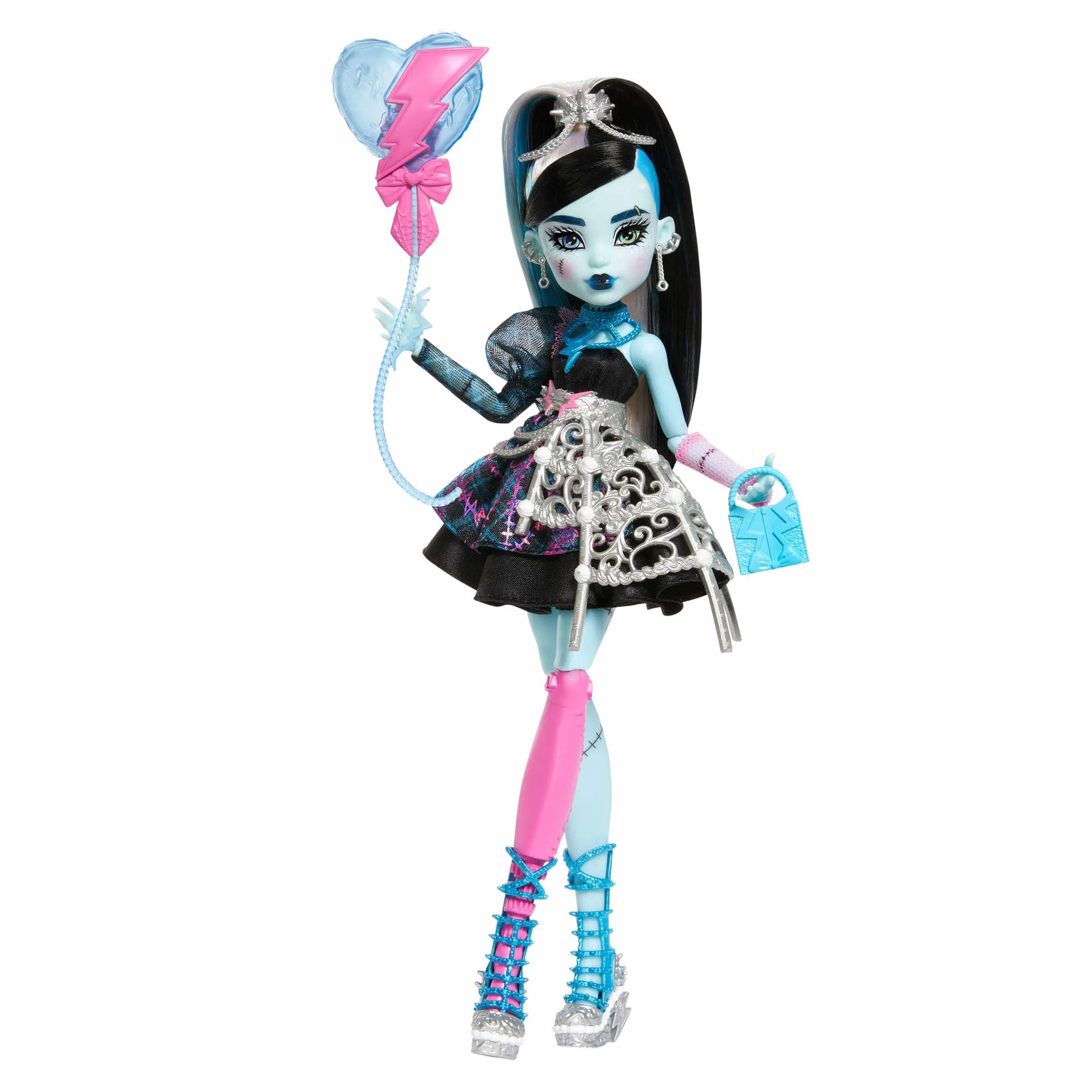 Monster High Straszysłodkie urodziny Frankie Stein Lalka zabawka w czarnej sukience z akcesoriami tematycznymi, w tym zaproszenie, „balon”, prezent i „szminka”, JBG75