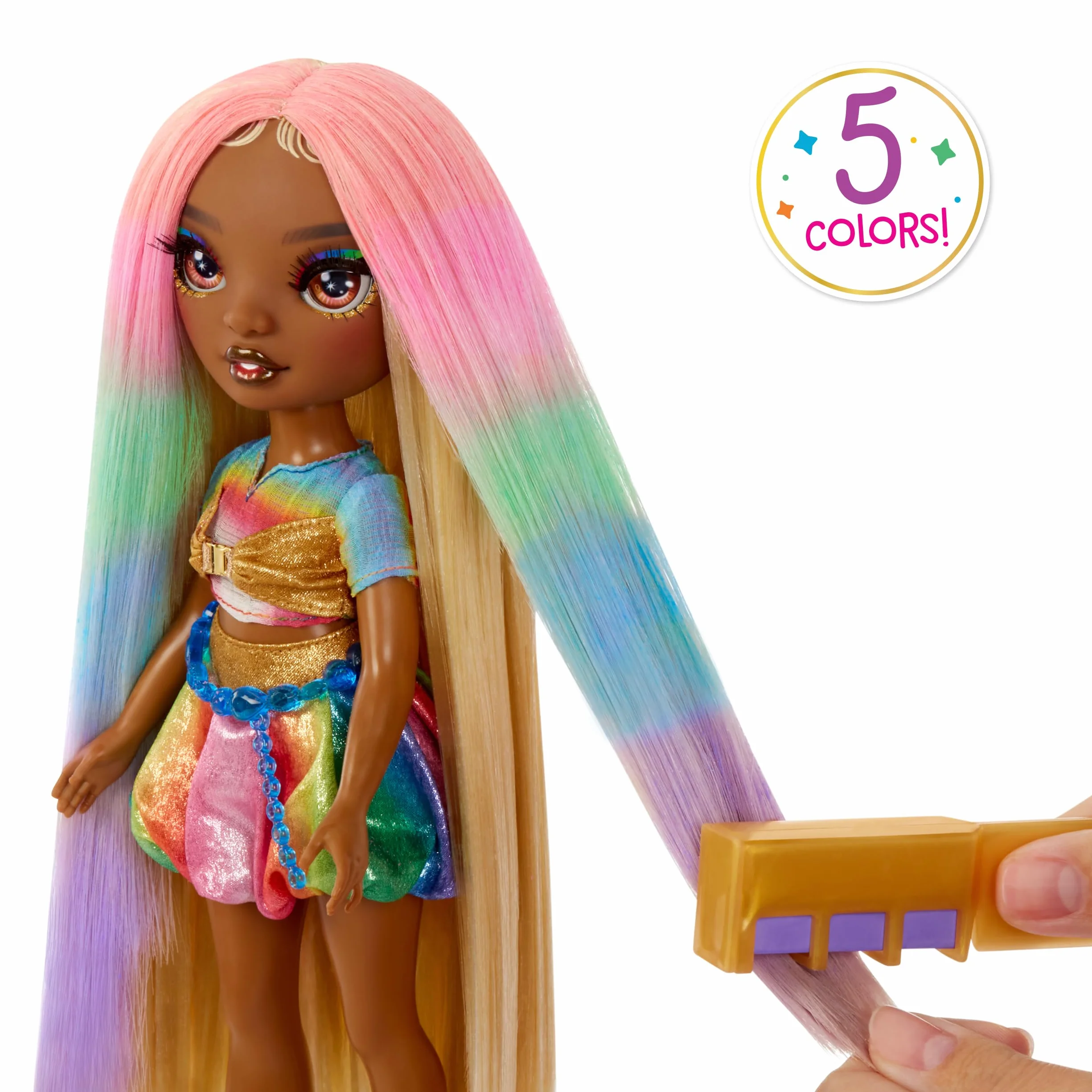 Rainbow High Hair Chalk & Style Doll – Meline – Tęczowo-Złota Lalka o Wysokości 28 cm ze Zmywalną Kredą do Włosów. Koloruj, Stylizuj, Baw się, Spłucz i Powtarzaj, dla Dzieci w Wieku od 4 do 12+ Lat