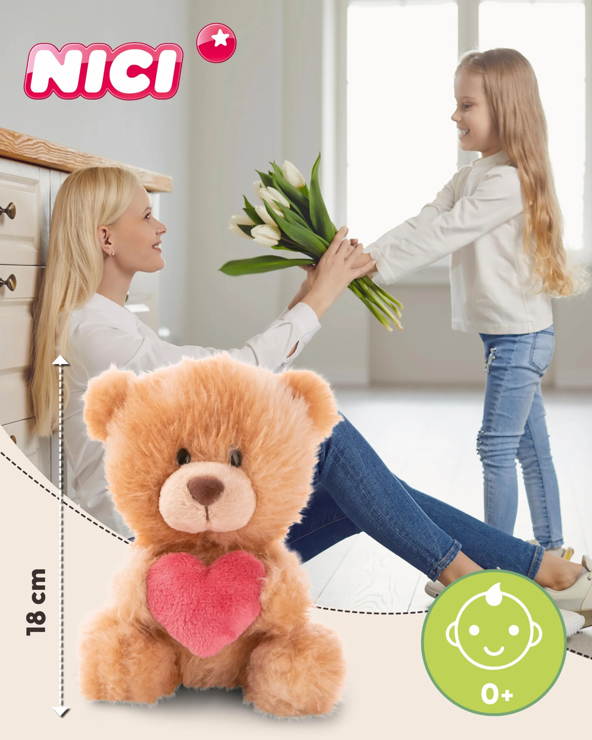 NICI Pluszowy miś z sercem 18 cm jasnobrązowy – urocza maskotka z pluszu, idealny prezent dla dzieci i dorosłych | 61559