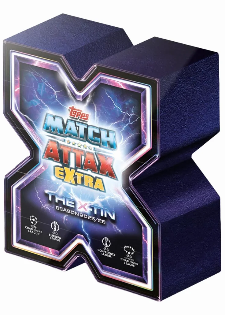 Topps UCC Match Attax Extra 2026 - X Tin - zawiera 64 karty oraz kartę X Greats-LE i dodatkową kartę Electrix-LE.