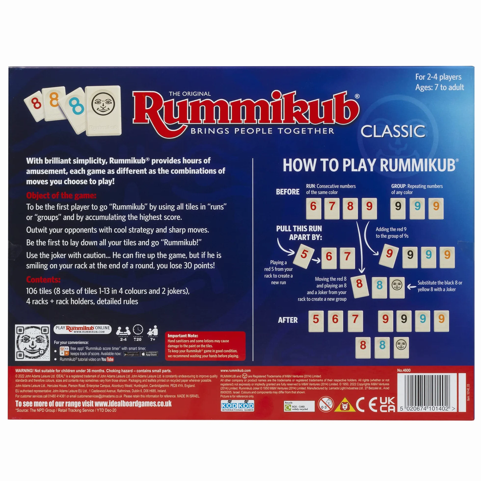IDEAL, klasyczna gra Rummikub: łączy ludzi, rodzinne gry strategiczne, dla 2-4 graczy, wiek 7 +
