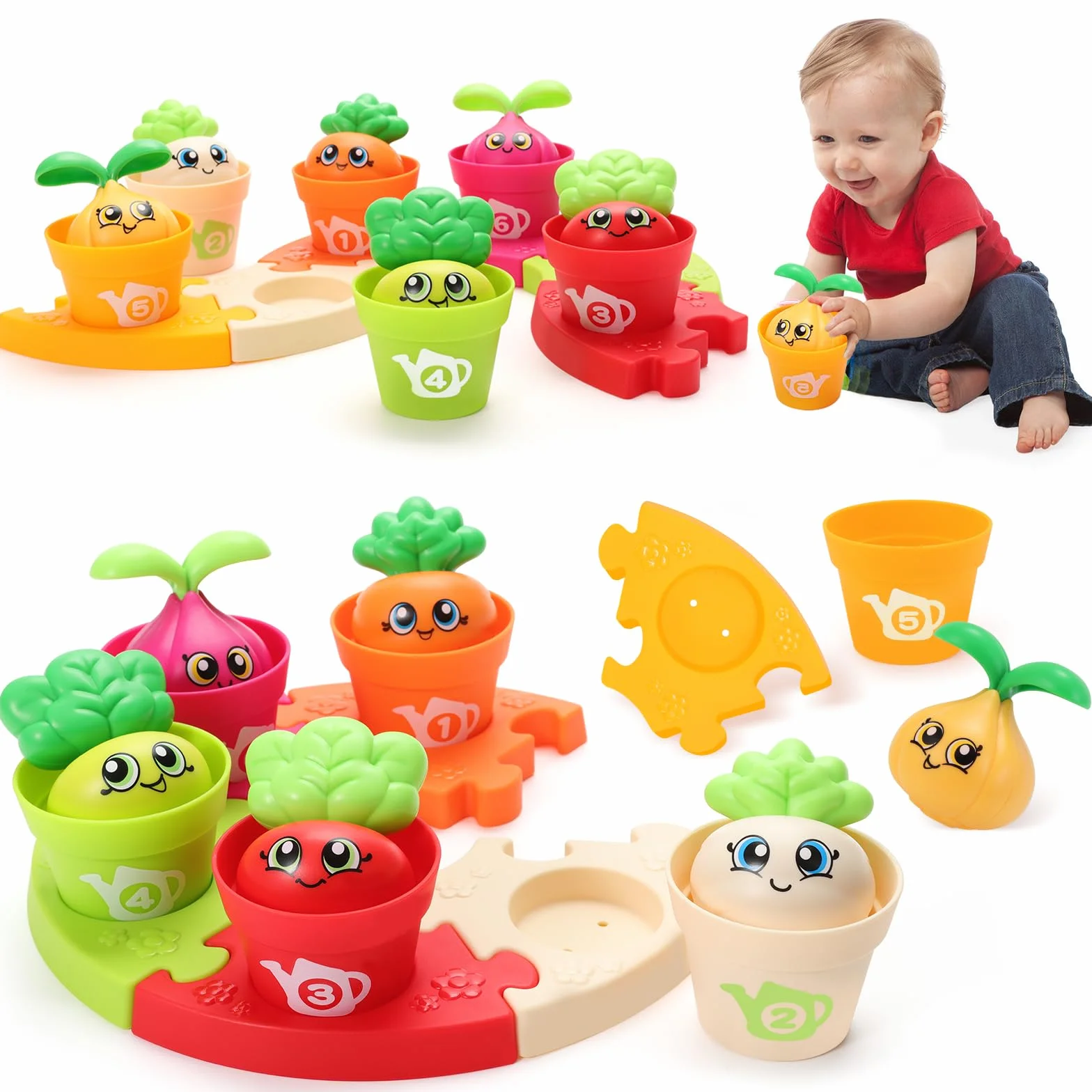 MOONTOY Montessori gry 1 rok, zestaw 18 doniczek i puzzli, liczenie, dopasowanie, sortowanie kolorów i zabawki do układania w stos, zabawki edukacyjne, prezenty dla chłopców, dziewcząt, 1, 2, 3 lata