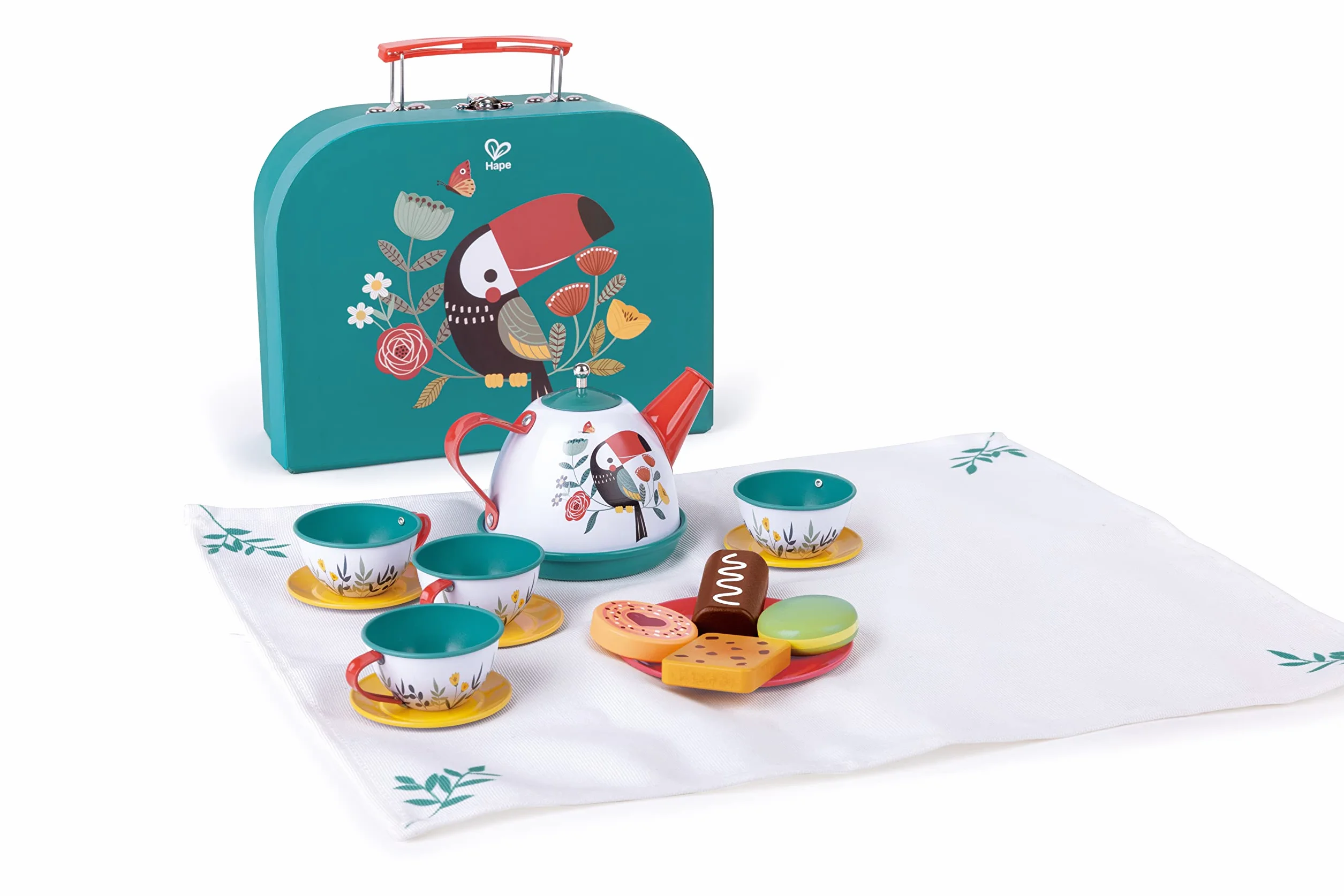 Hape Zestaw do zabawy na herbatę, zestaw do herbaty z walizką, akcesoria kuchenne, również w podróży