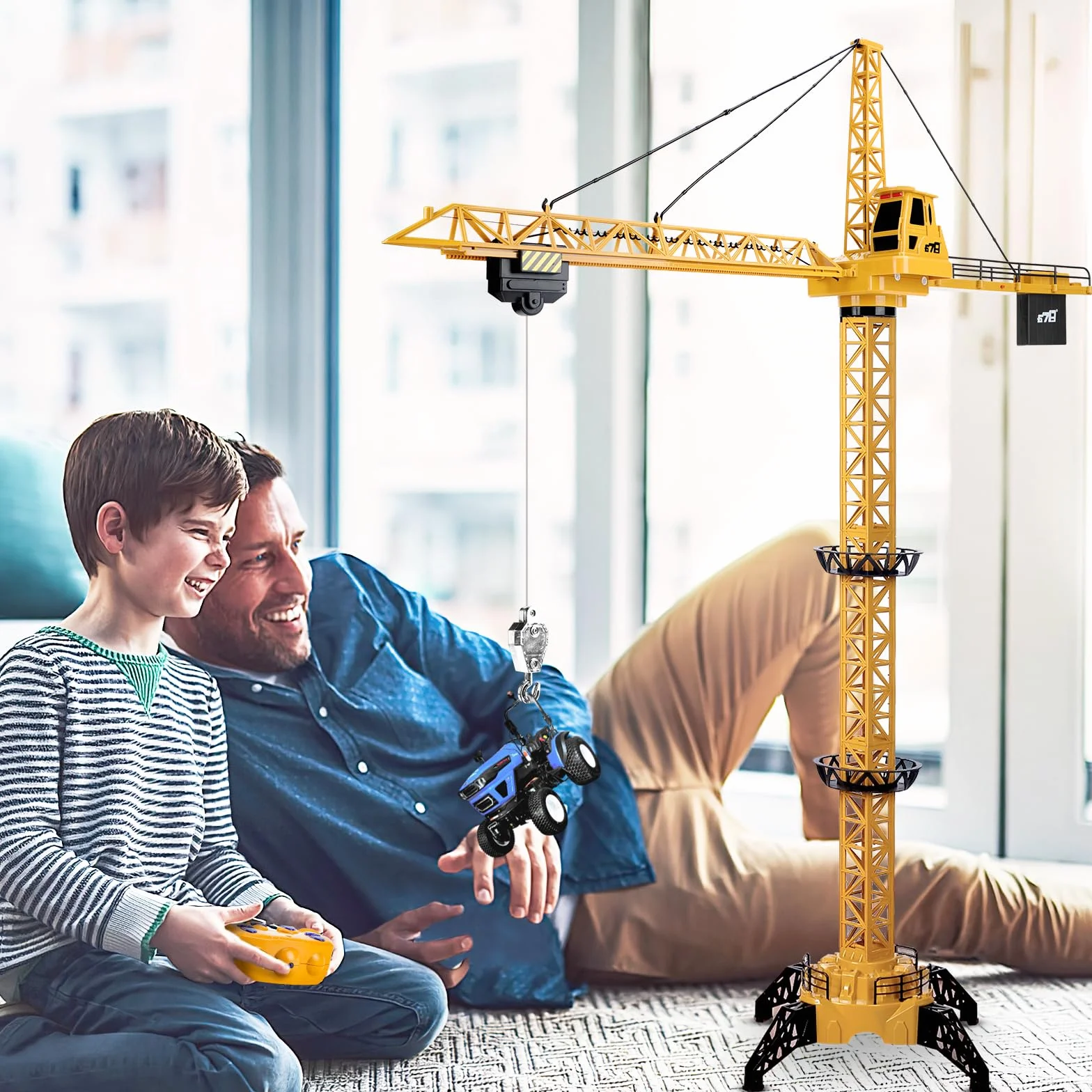 deAO RC żuraw wieżowy dla dzieci, zdalnie sterowany dźwig 128 cm wysokości, 6 kanałów, obrót o 680°, zdalnie sterowany żuraw wieżowy, zabawka ze światłami i dźwiękami, model Cast, prezent dla chłopców