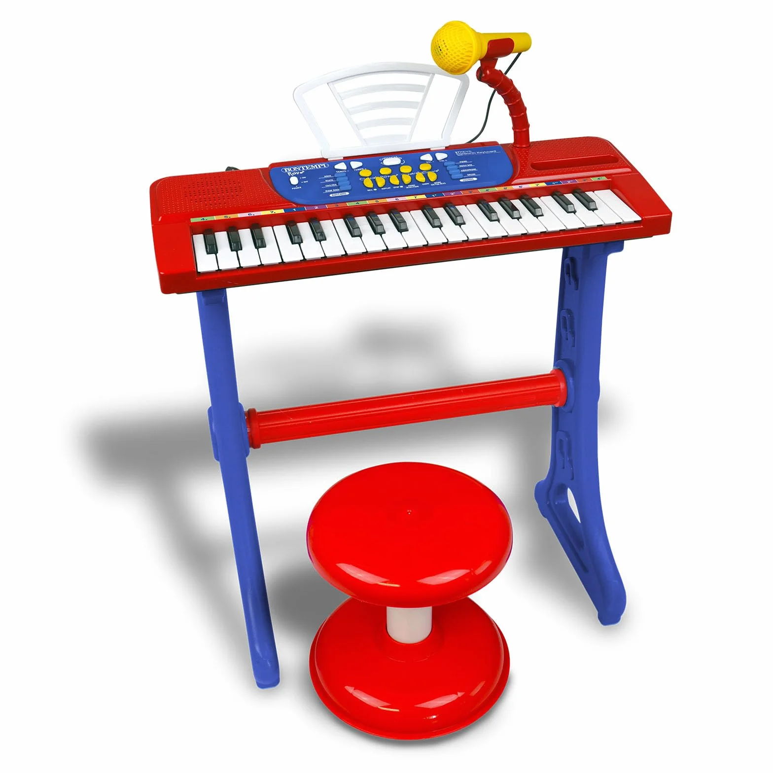 Bontempi | MiniKeyFun - 37 klawiszy zabawkowych klawiatura dla małych muzyków z mikrofonem, stołkiem i podstawką, niebiesko-czerwona, 54,4 x 32,9 x 15,9 cm
