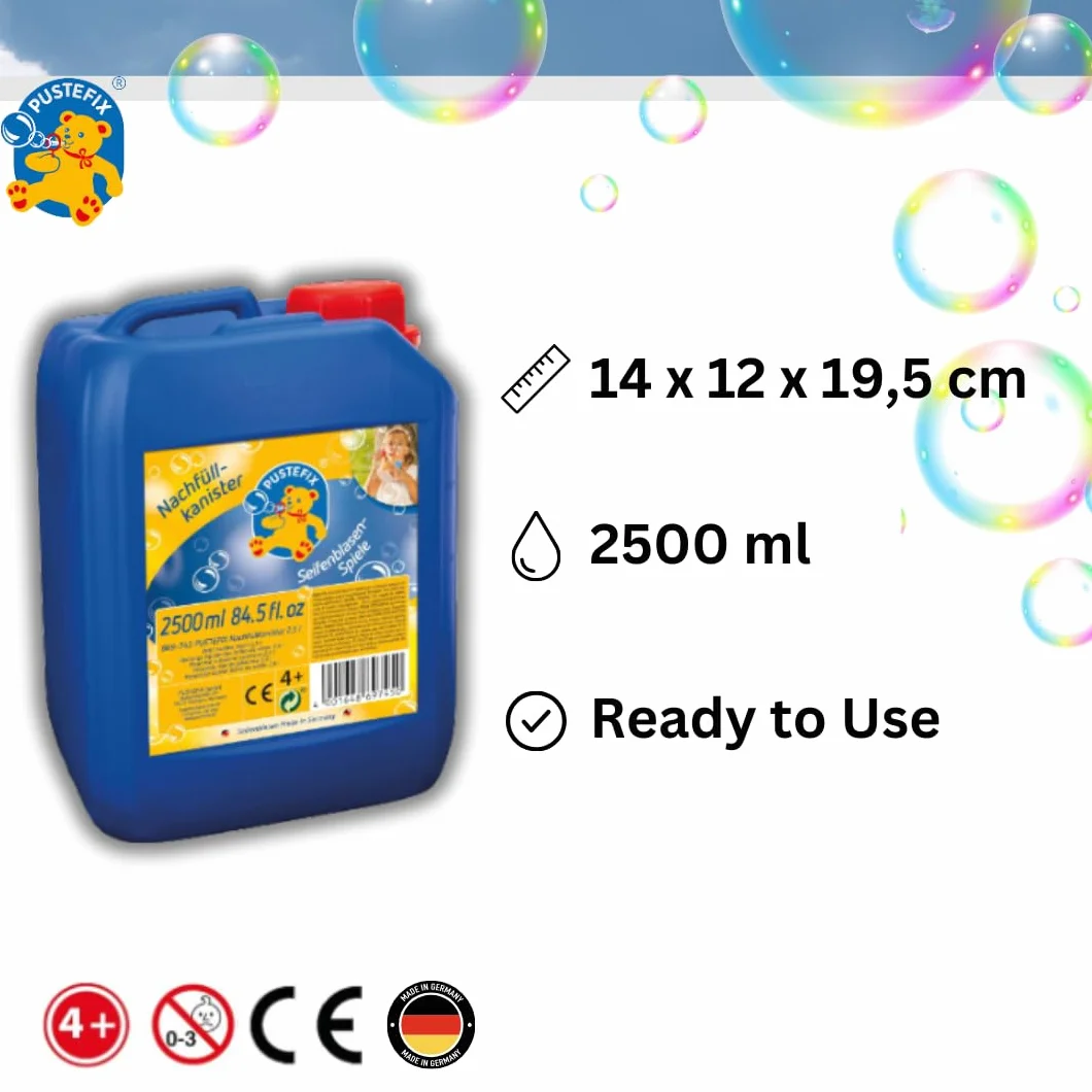 PUSTEFIX - 420869745 kanister do uzupełniania baniek mydlanych o pojemności 2,5 litra, płyn do zabawy z bąbelkami dla dzieci i dorosłych