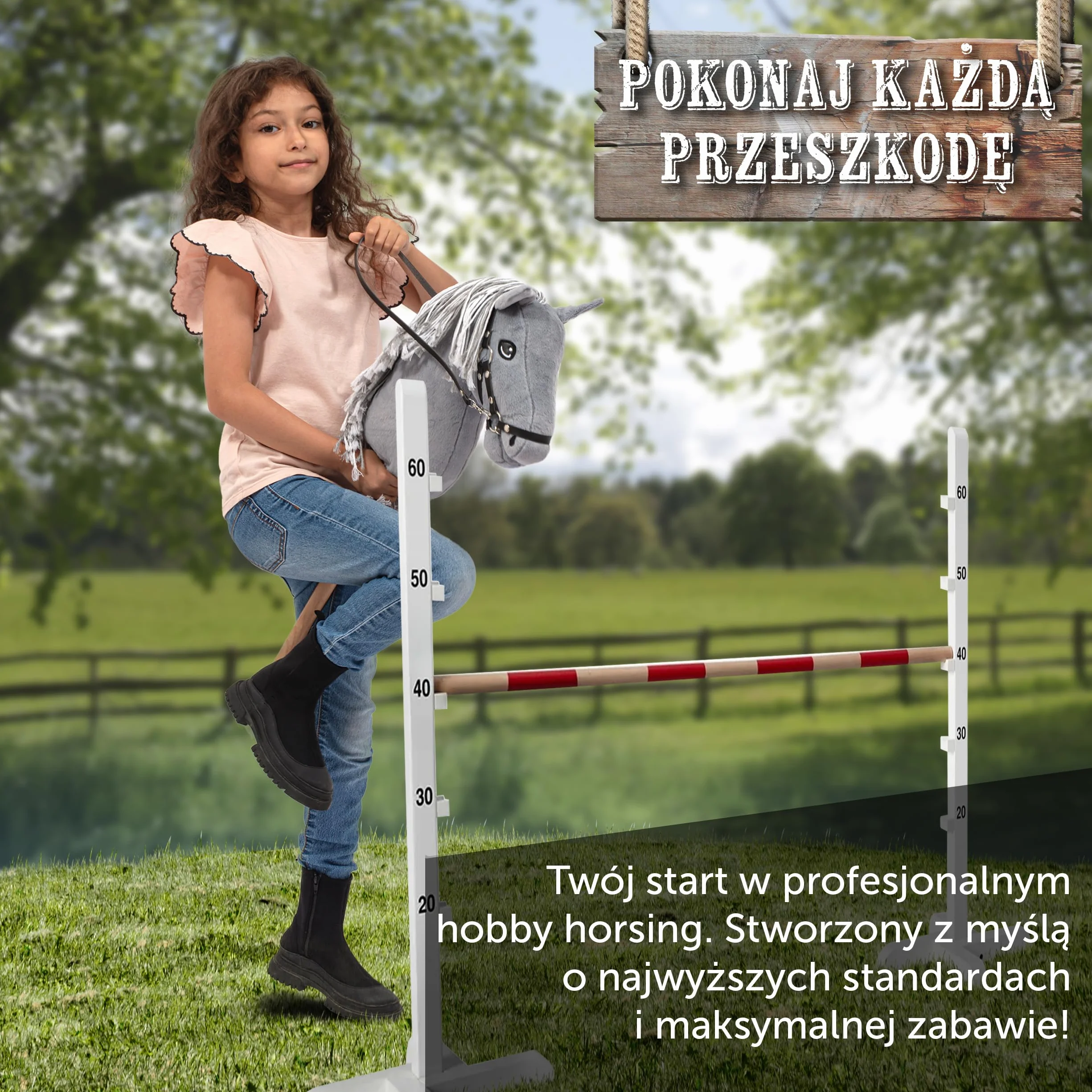Pink Papaya Hobby Horse z uzda i trense, koń kijowy do hobby, konik do jazdy konnej dla dzieci
