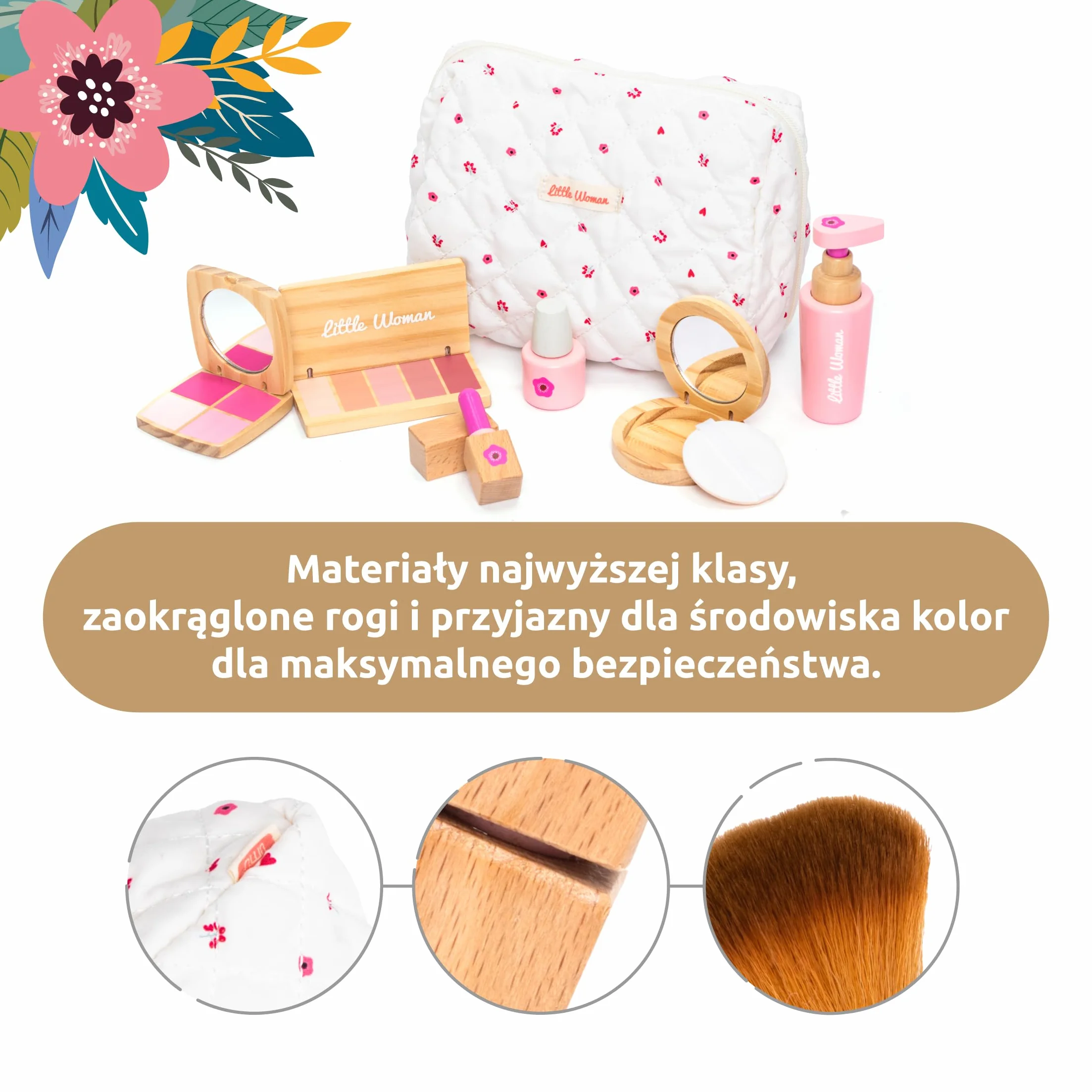 UMU® zestaw do makijażu dla dzieci z drewna – zestaw kosmetyczny i do makijażu z kosmetykami, pomadką do ust, perfumami, pudrem i torebką kosmetyczną – zabawka do makijażu dla dziewczynek od 3, 4, 5