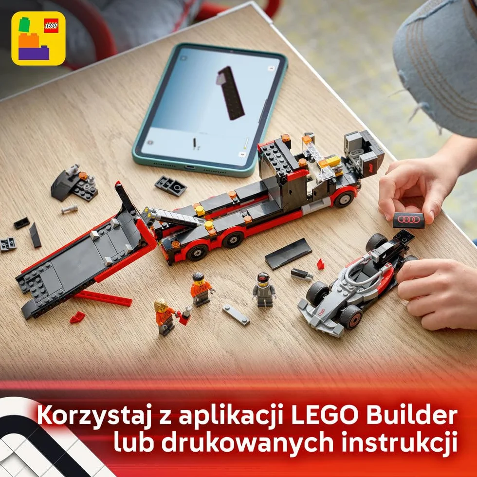 LEGO City Ciężarówka F1 z bolidem Audi F1, zabawka dla dzieci do zbudowania, pomysł na prezent dla 7-latka, dla chłopca i dziewczynki na urodziny, ozdoba na biurko dla fana wyścigówki z klocków 60493