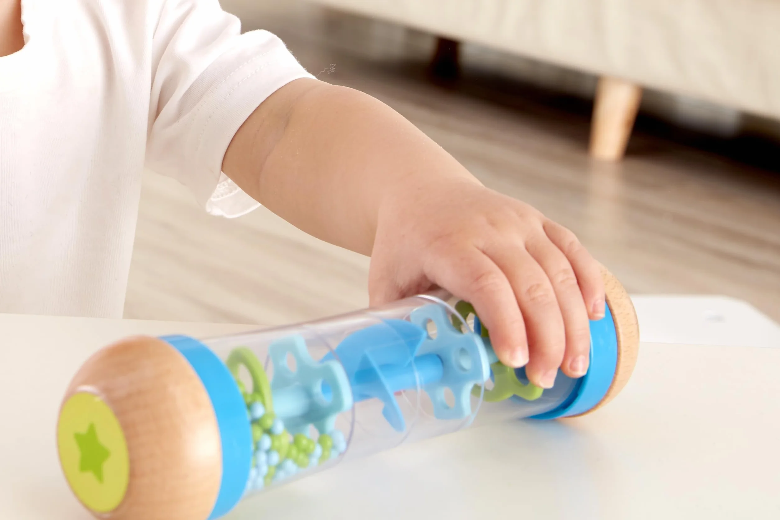 Hape Rainmaker , Mini Rattle Wooden Rainmaker Toy, Blue