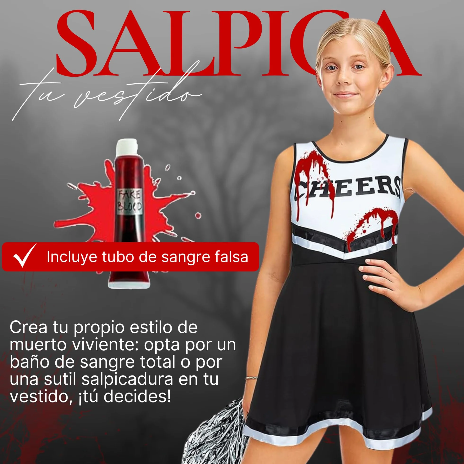 REDSTAR Dziewczyny Halloween Zombie Cheerleader Dead fantazyjny kostium dla dzieci uczennica upiorne dziecko zombie z tubą sztucznej krwi - kostiumy na Halloween imprezy