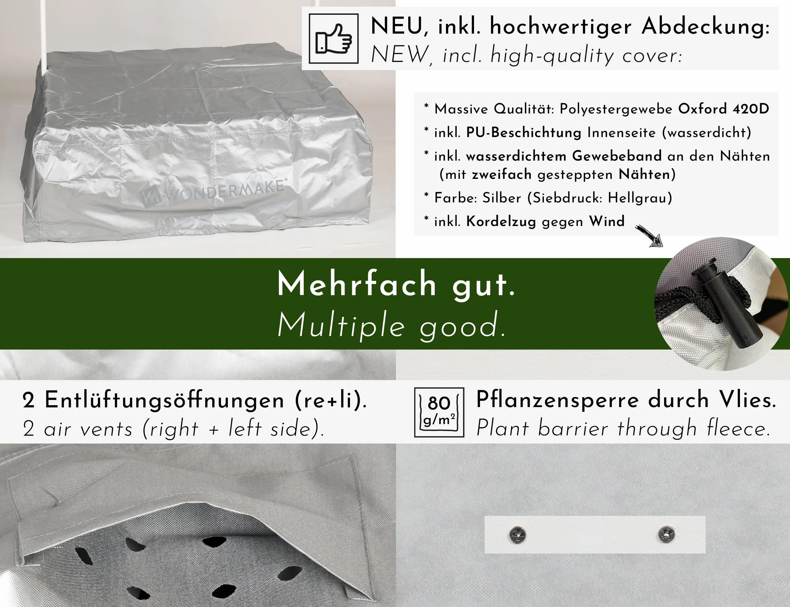 Designerska piaskownica z kuchnią na błocie, dach, folia z włókniny Oxford 420D, piaskownica, drewniana, kwadratowa, zamykana, do użytku na zewnątrz, do ogrodu, dla dzieci, biało-srebrna