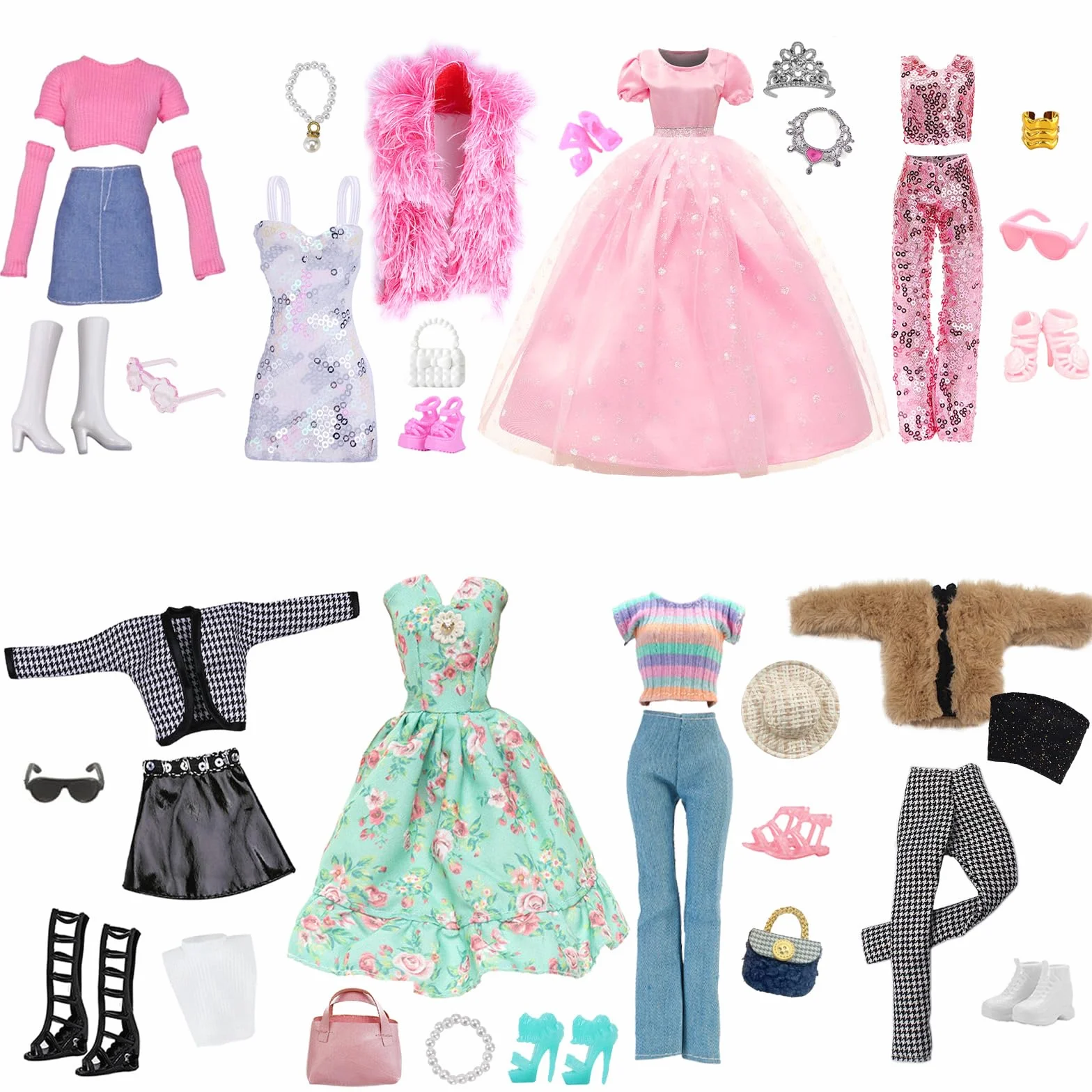 28 sztuk ubrań i akcesoriów dla lalki 11,5 cala, 8 zestawów ubrań, casual, moda, zestaw brokatów, 8 butów, 12 akcesoriów, torebka, kapelusz, dekoracje, prezenty świąteczne dla dziewczynek - Carreuty