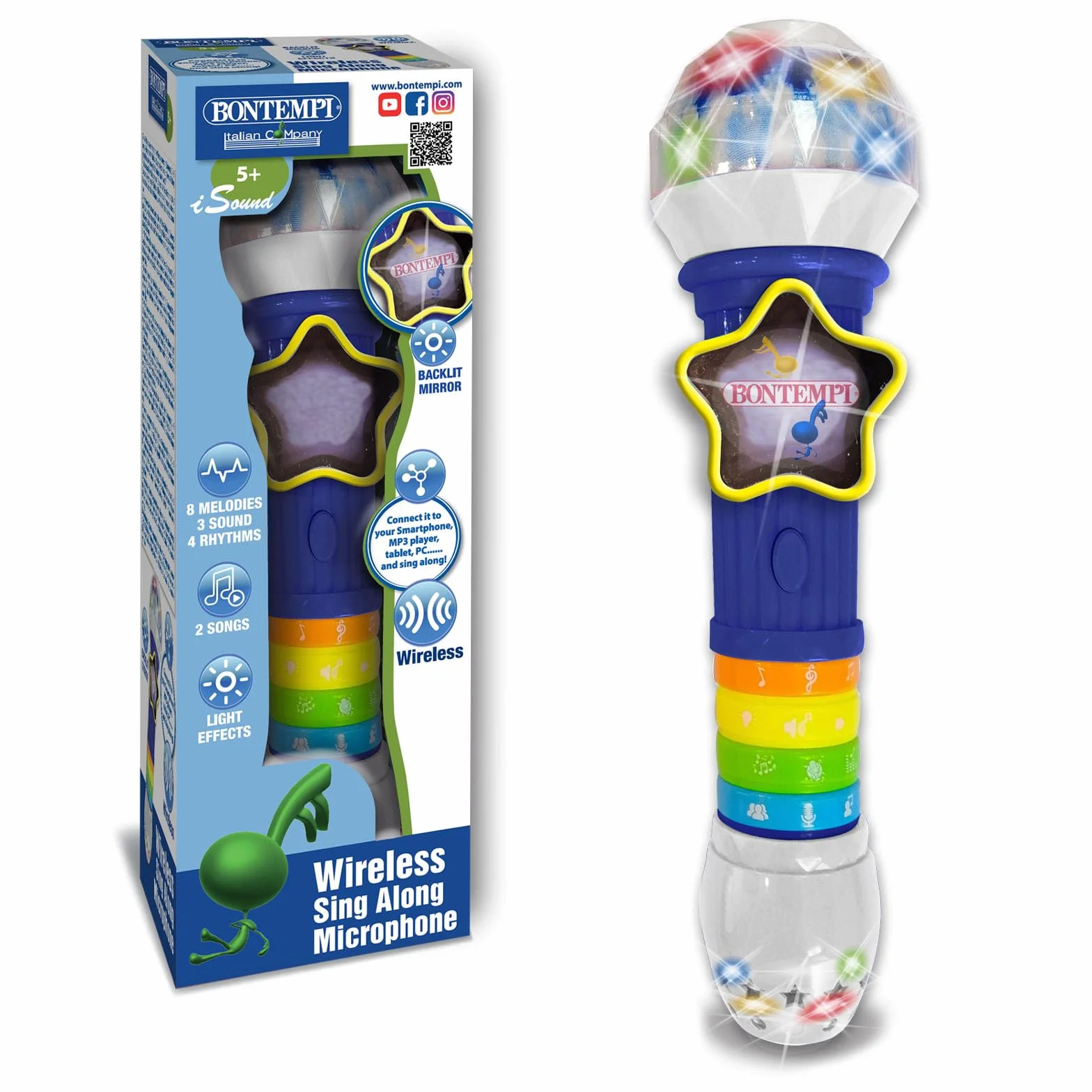 Bontempi GlowWave Mikrofon bezprzewodowy mikrofon z efektami świetlnymi i dźwiękowymi do magicznej wydajności, 265 x 70 x 70 mm, wielokolorowy, 41 3020