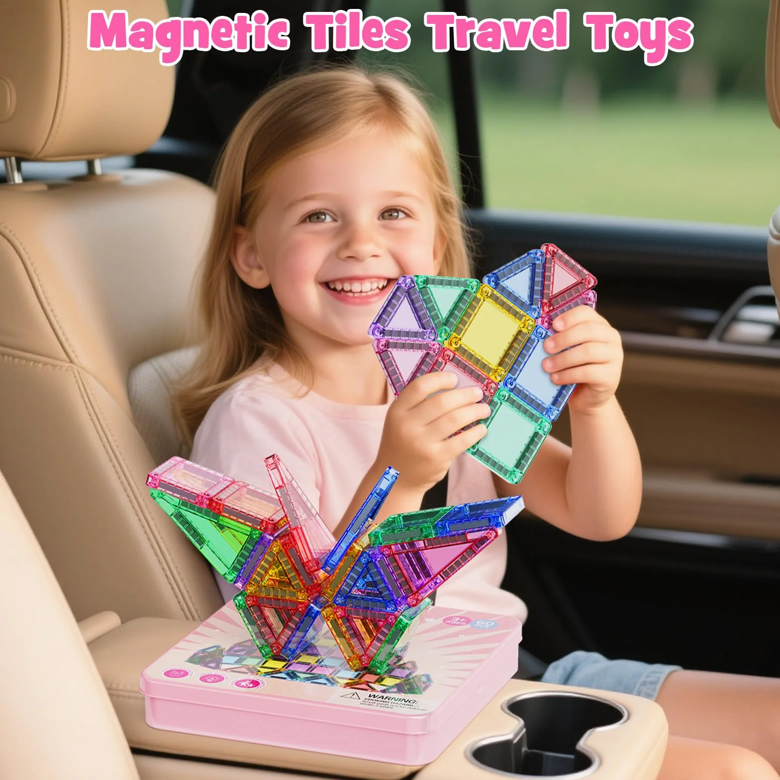 Magnetyczne klocki podróżne, 60-częściowy zestaw mini klocków magnetycznych, zestaw podróżny z metalowym pudełkiem dla dzieci, do jazdy samochodem, samolotem, podróży, prezent dla chłopców i