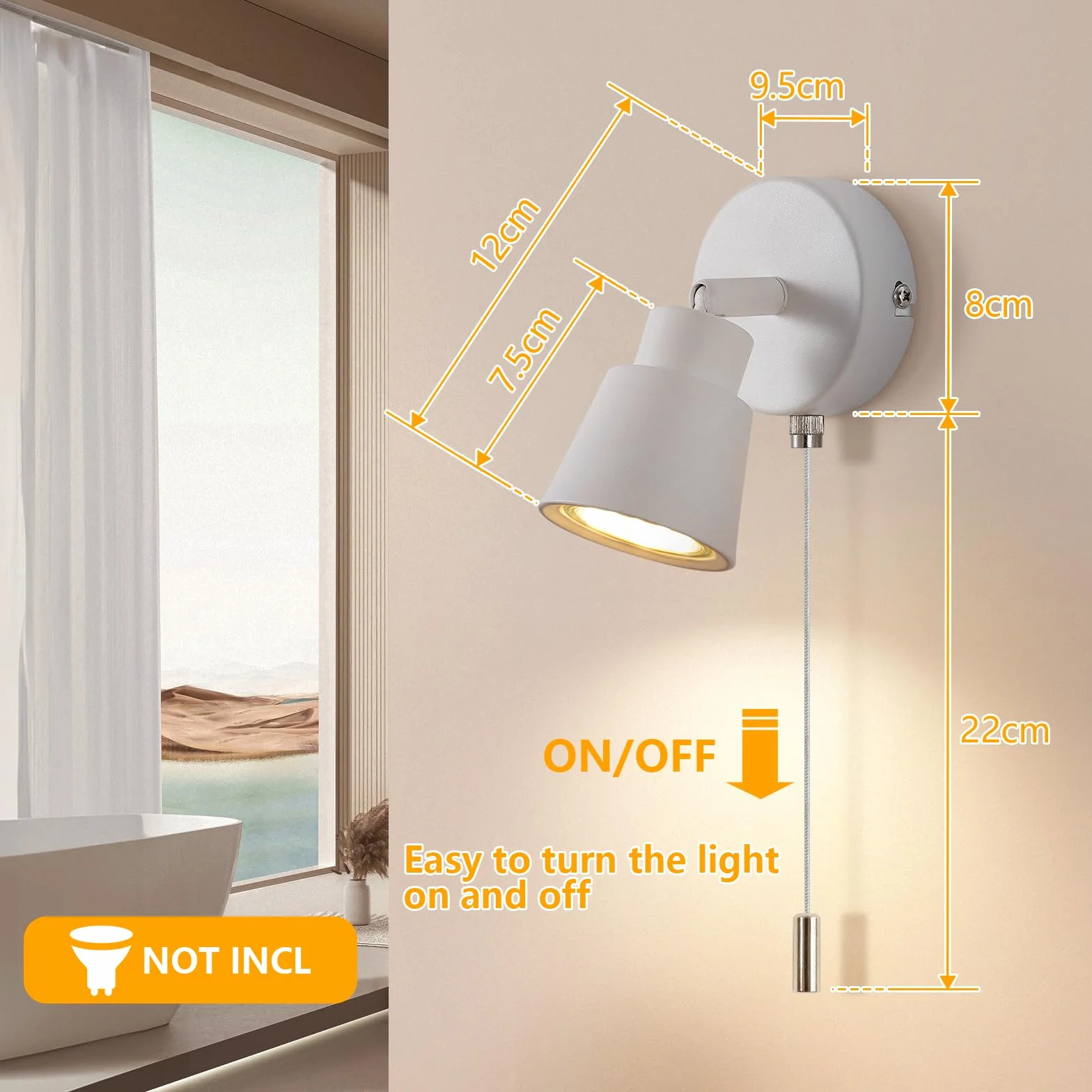 Biała lampa ścienna z przełącznikiem ciągowym GU10 – nowoczesna lampa do wnętrz, obracana o 350° – 50 W, przełącznik do sypialni, salonu, kuchni