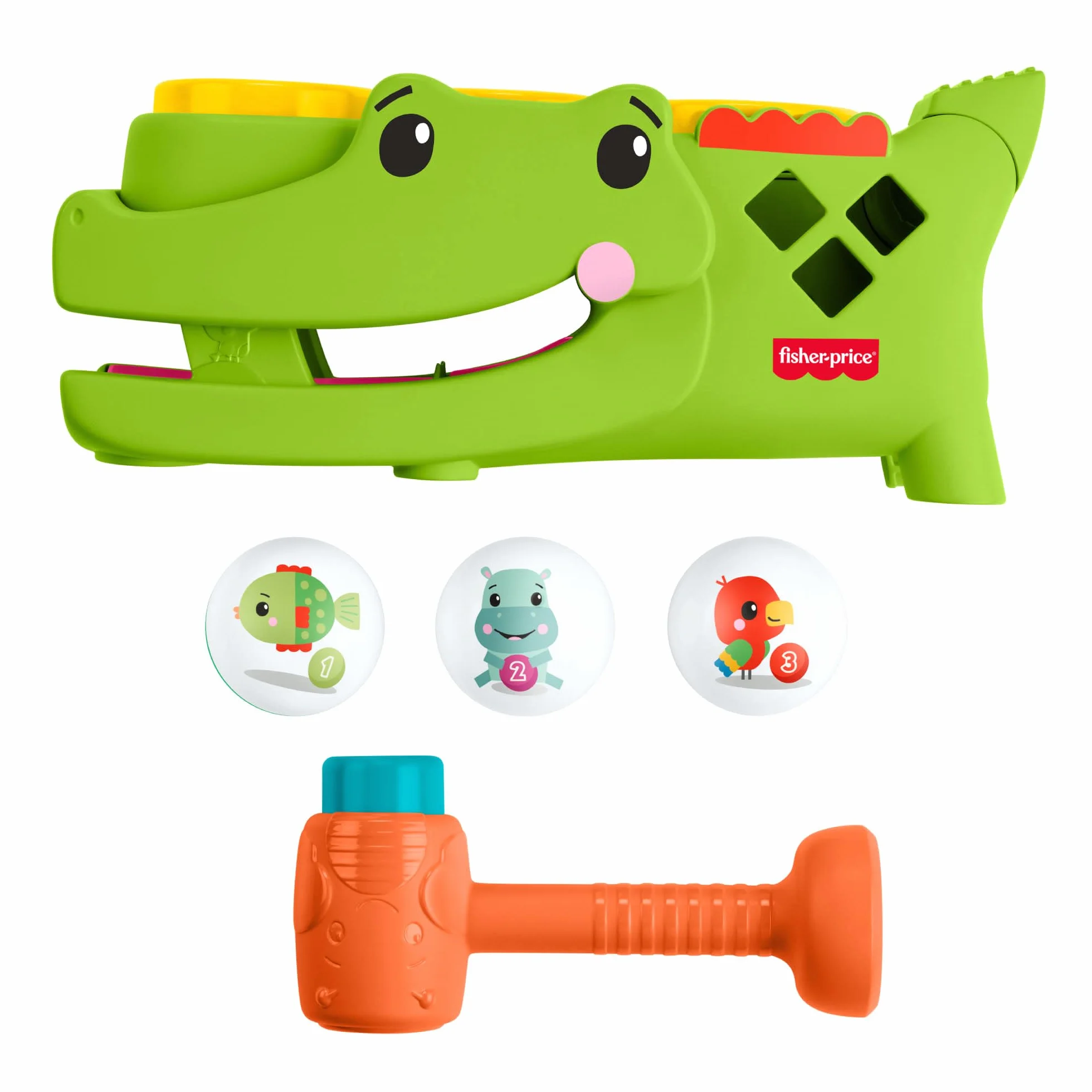 Fisher-Price Krokodyl Przebijanka aktywizująca z piłeczkami, zestaw zachęcający do raczkowania, młoteczek i 3 piłeczki, zabawka rozwojowa dla dzieci od 9 miesiąca życia, JLB94