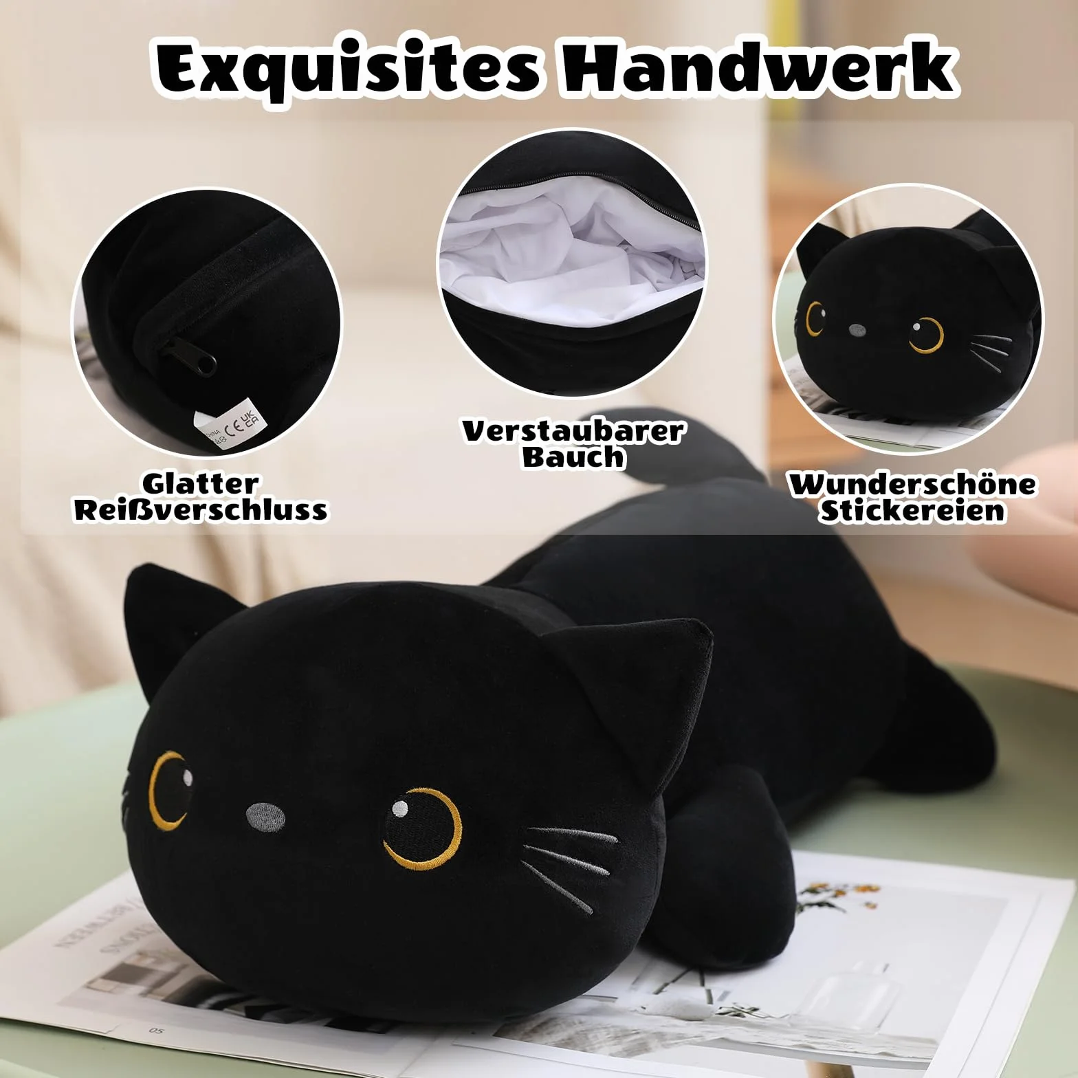 SQEQE Black Cat Plushies wypchane zwierzęta z 4 niemowlętami, śliczny czarny kot, pluszowa poduszka, miękka zabawka, prezent urodzinowy dla dziewcząt, chłopców