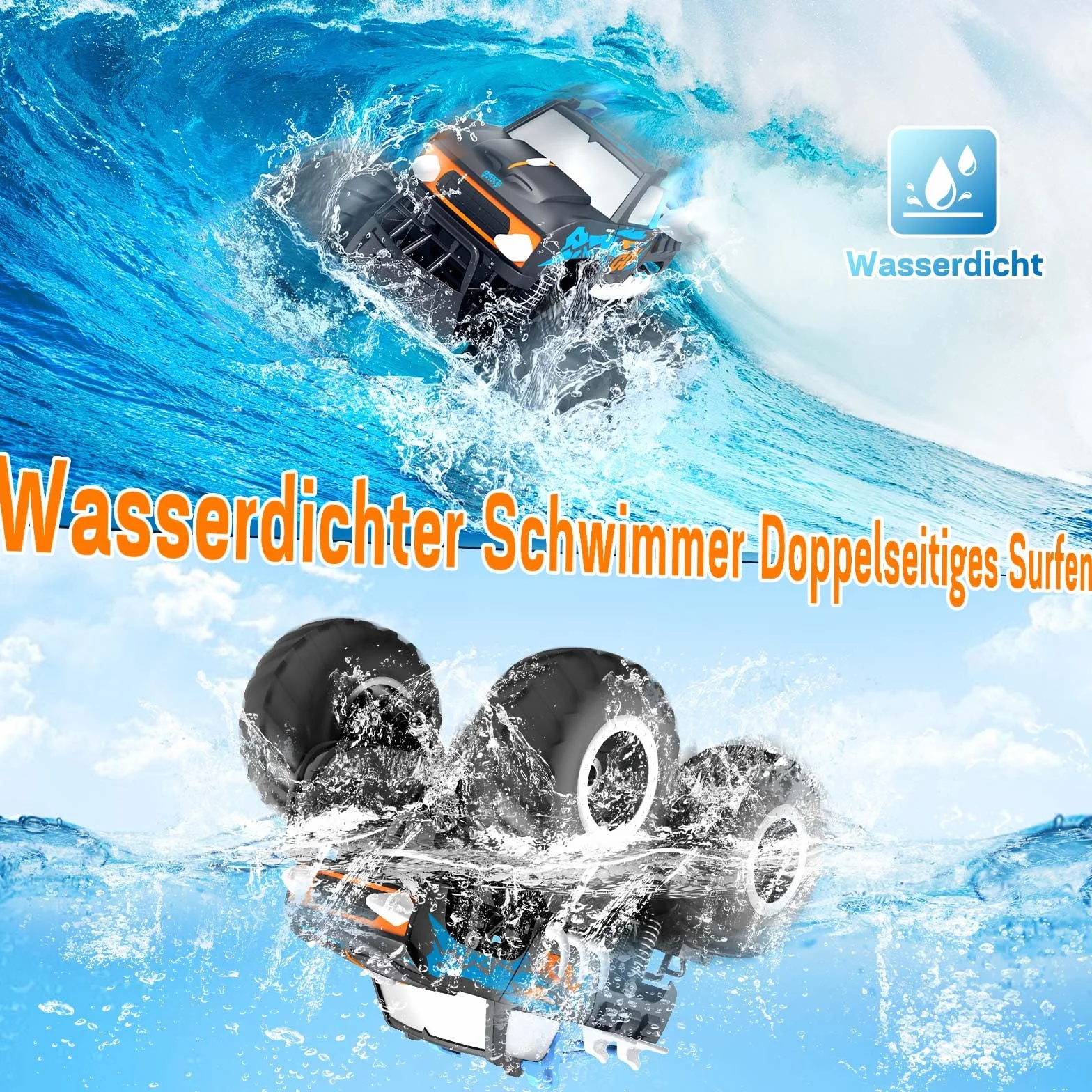 Gindoly Zdalnie sterowany samochód, 2,4 GHz, monster truck, 4WD 15+ km/h, hobby, offroad, samochód RC, wodoszczelny, samochód terenowy, z 2 bateriami, zabawka dla dzieci od 6, 7, 8, 9, 10, 11, 12 lat