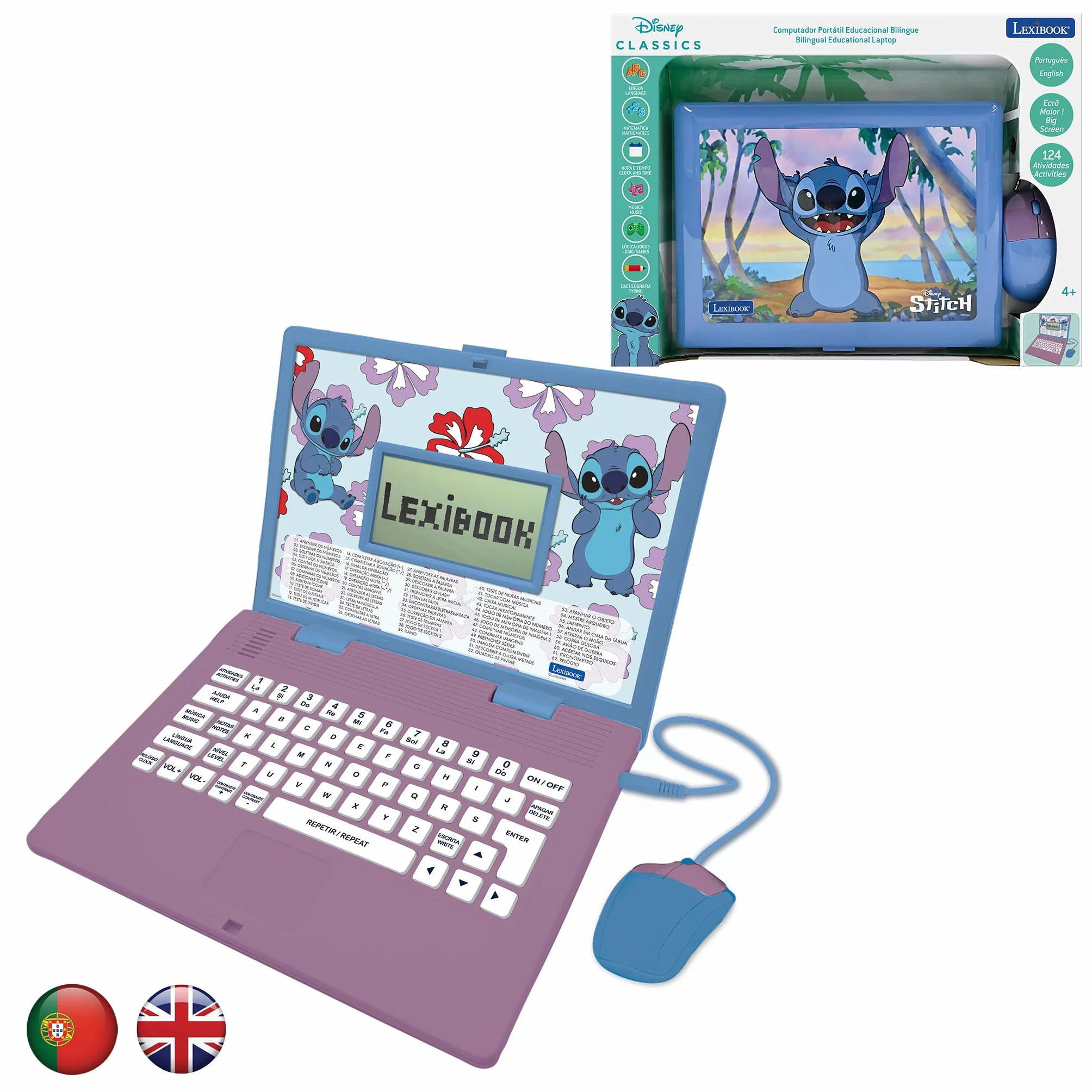 Lexibook, Disney Stitch, dwujęzyczny angielski/portugalski laptop edukacyjny, 124 zajęcia językowe, pisanie, matematyka, logika, muzyka i gry, dla chłopców i dziewcząt, JC598Di4
