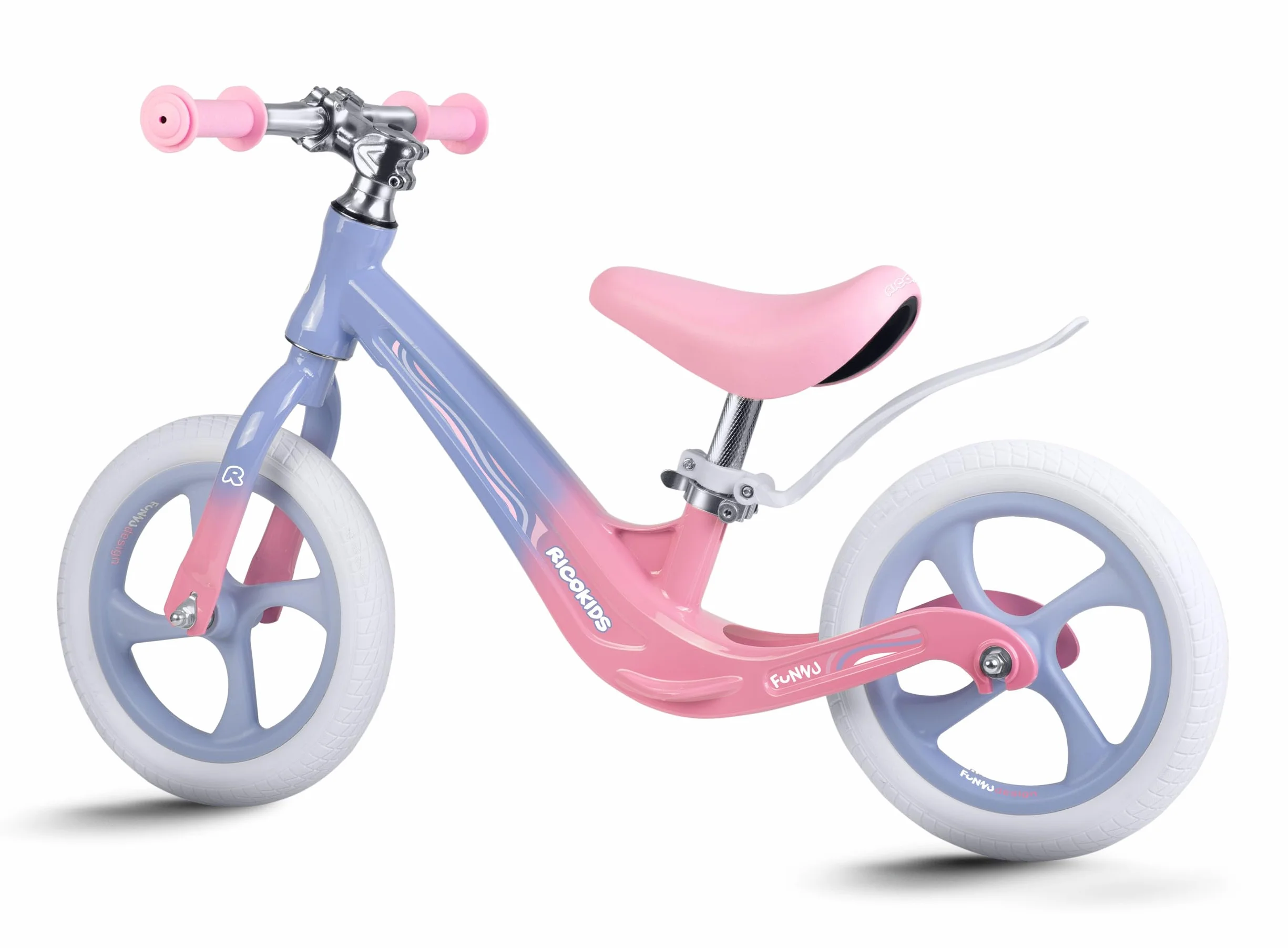 Ricokids Rowerek Biegowy dla Dzieci - Regulowane Siodełko - Opony PU 12'' Odporne na Przebicia - Funnu Niebieski Różowy