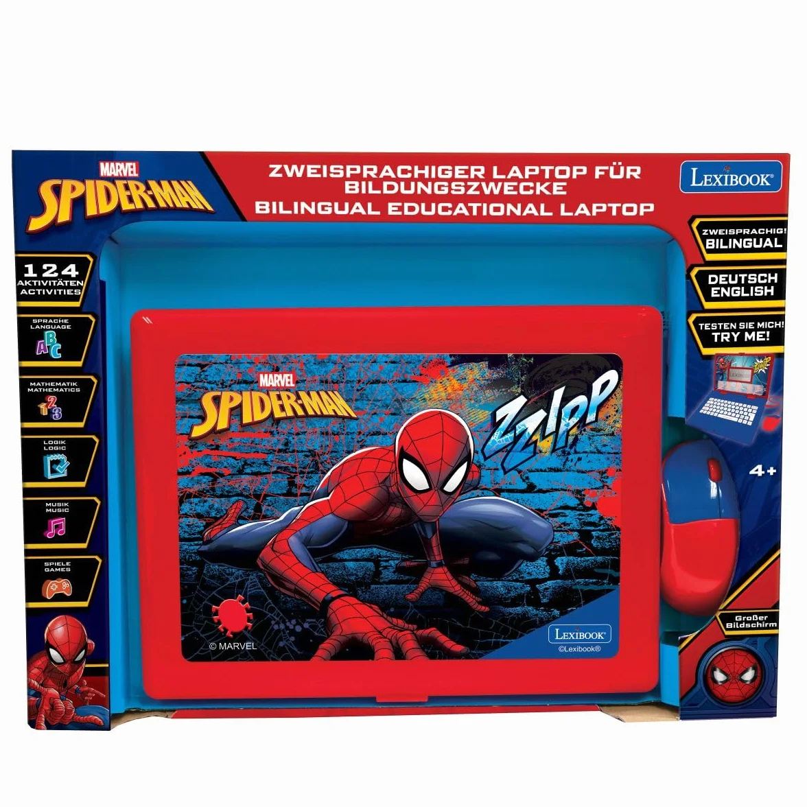 Lexibook JC598SPi3 Spider-Man Dwujęzyczny Laptop do Celów Edukacyjnych Angielski i Niemiecki, 124 Aktywności, Matematyka, Logika, Muzyka, Zegar, Gry, Zabawka dla Dzieci (Dziewczynki i Chłopcy),