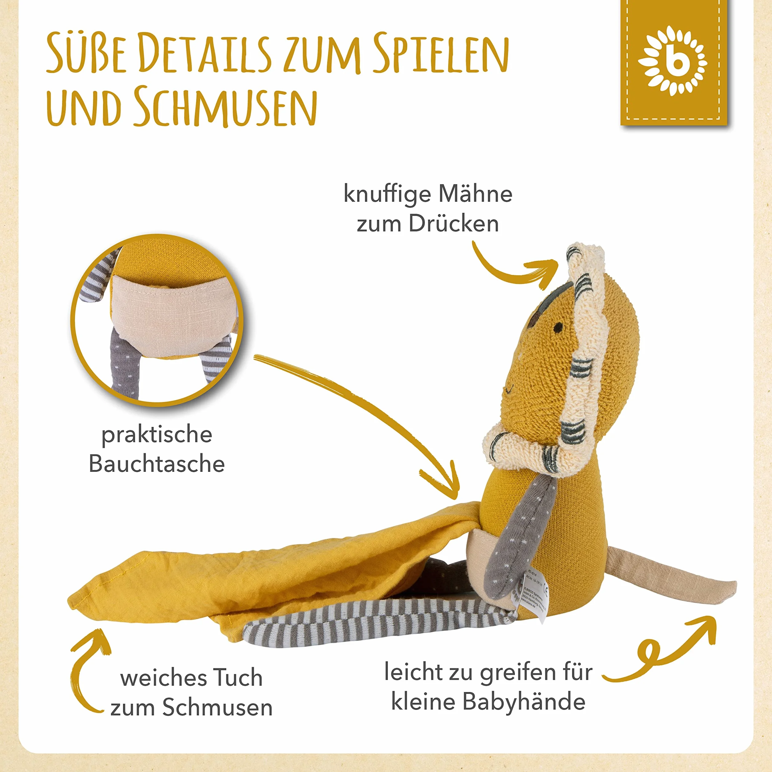 Bieco Lew Przytulanka z Chustką do Przytulania 30 cm dla Niemowląt