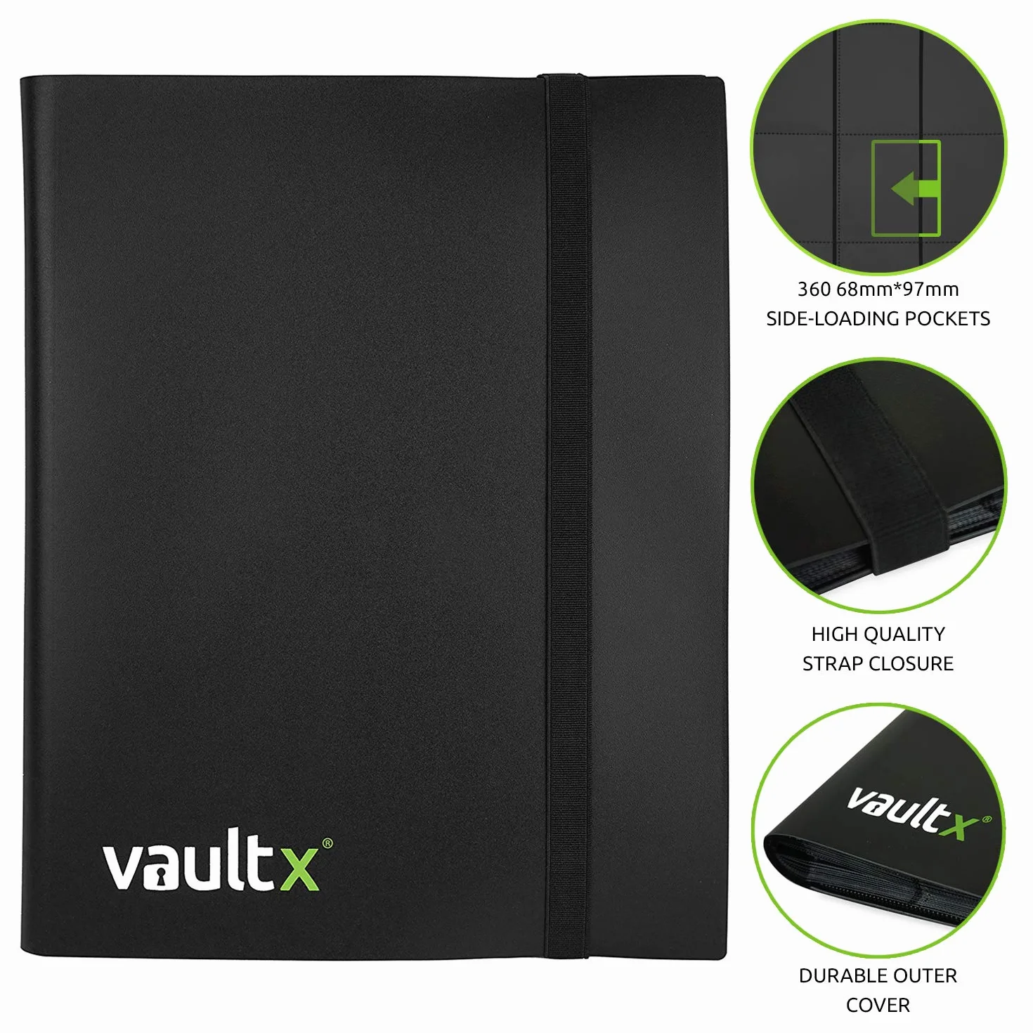 Vault X 9-kieszeniowy segregator na karty kolekcjonerskie z paskiem, 360 kart, wersja standardowa, 20 stron bocznie ładowanych, folder na gry kolekcjonerskie, sportowe, TCG (Czarny)