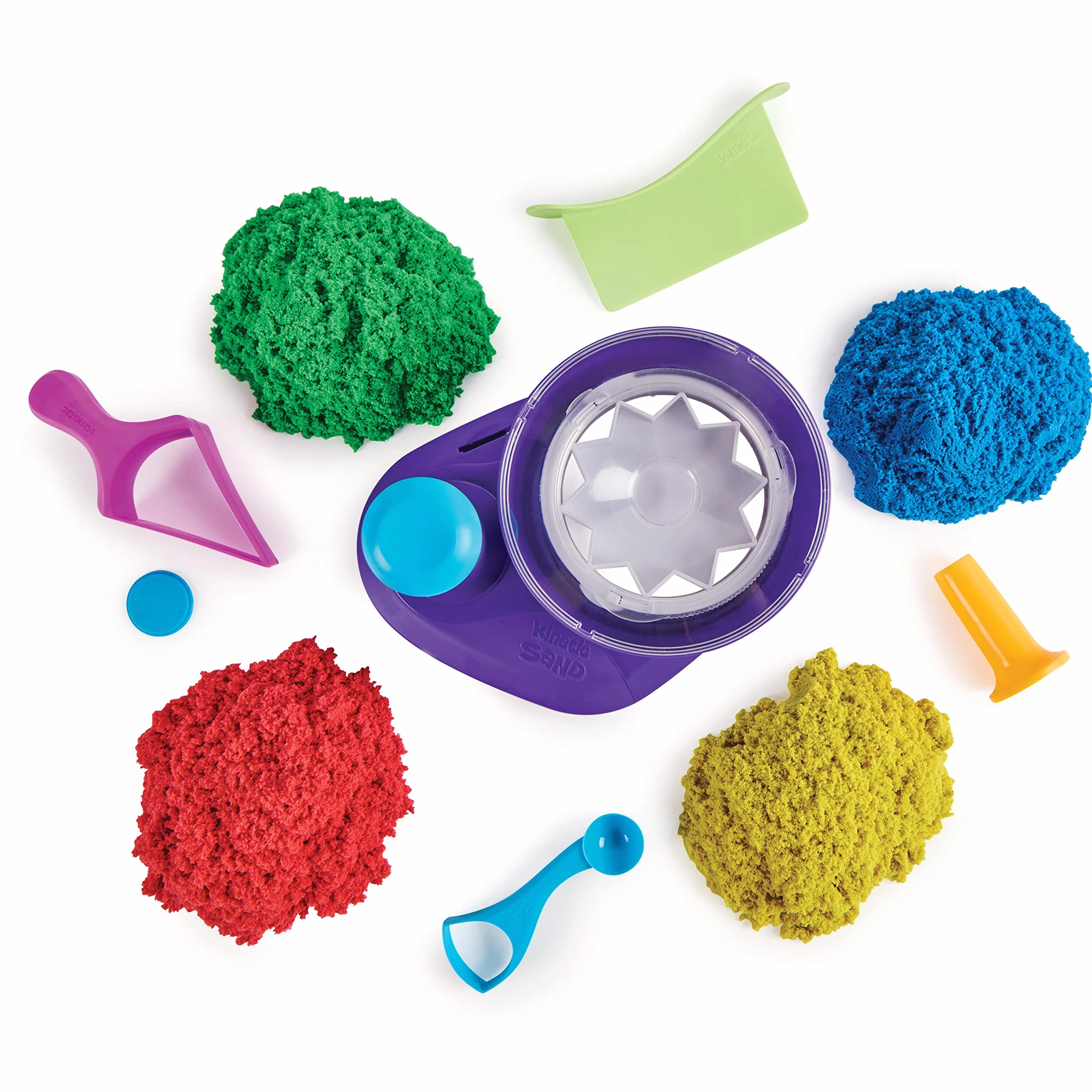 Kinetyczny piasek, zestaw Swirl N’ Surprise z piaskiem do zabawy, w tym czerwonym, niebieskim, zielonym, żółtym i 4 narzędziami, zabawki sensoryczne dla dzieci w wieku 3 lat i starszych