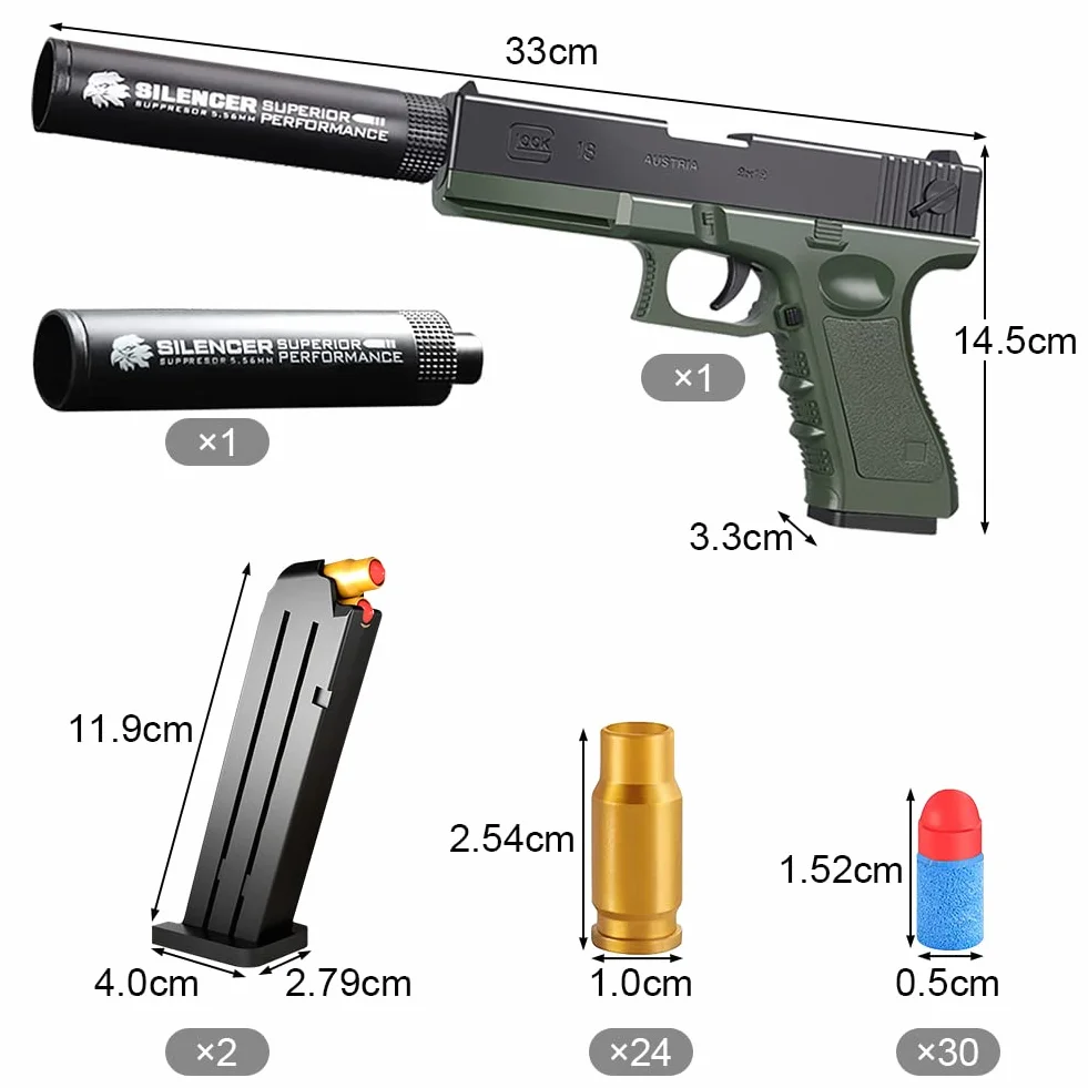 Miękki pistolet kulowy, pistolet do zabawy z miękką kulą, pistolet dziecięcy z tłumikiem, do modelu pistoletu dla 12 + prezentów dla dzieci (zielony)