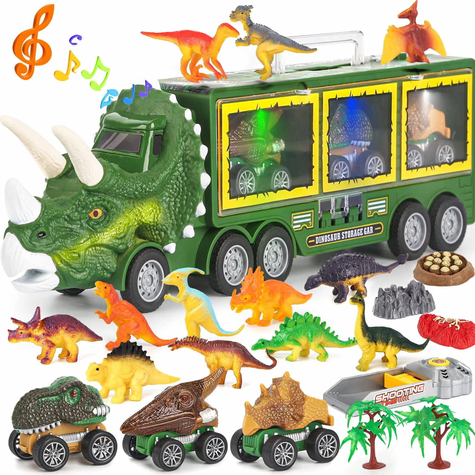 DINORUN Zabawki z dinozaurami, ciężarówka dla dzieci, ze światłem i dźwiękiem, zestaw transportowy zawiera wyciągany dinozaur, samochód, mini figurki dinozaurów, prezenty edukacyjne dla chłopców i dziewcząt