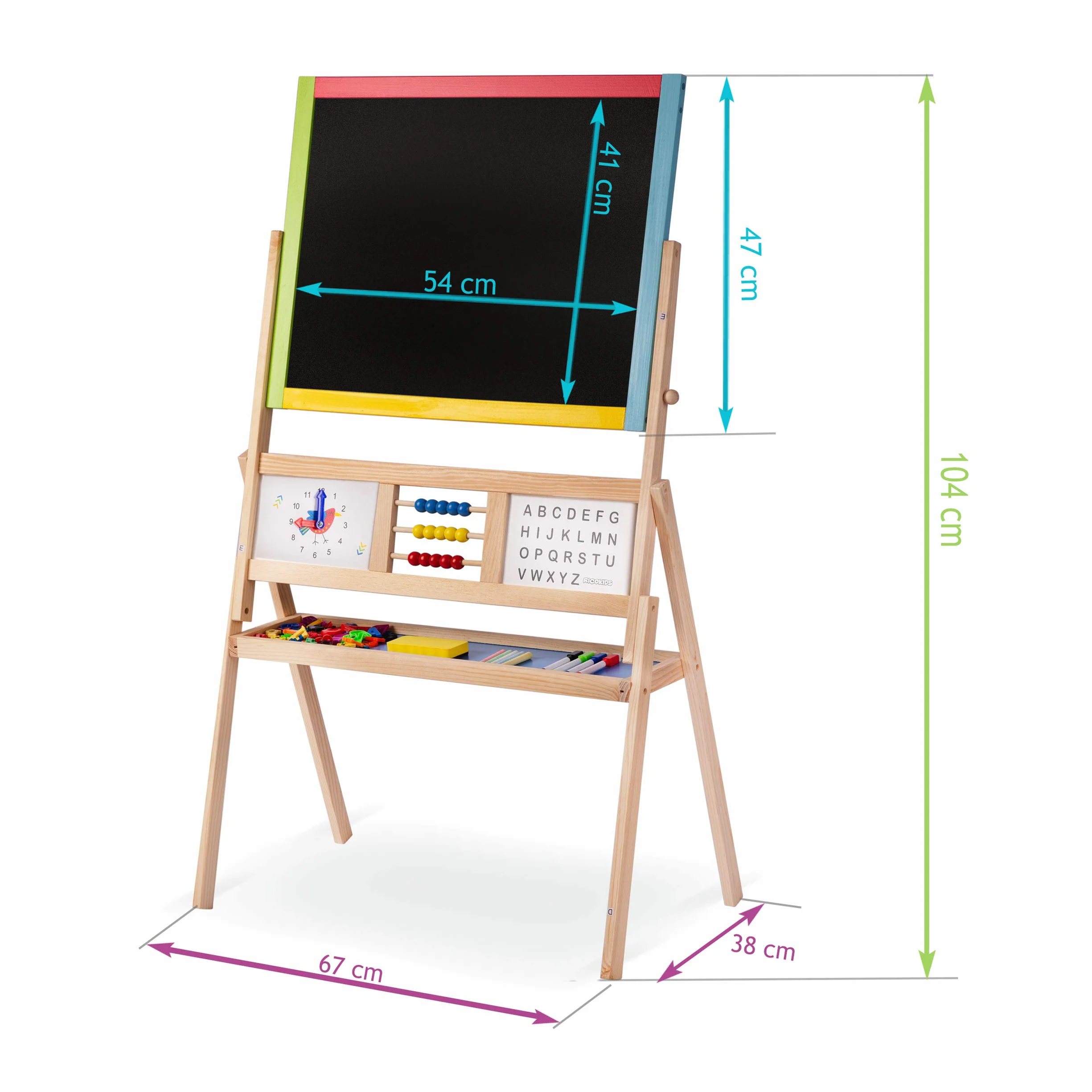 Ricokids Tablica do zabawy dla dzieci, magnetyczna tablica suchościeralna, zegar liczydło i tablica do malowania kredą, tablica dla dzieci, sztaluga z drewna