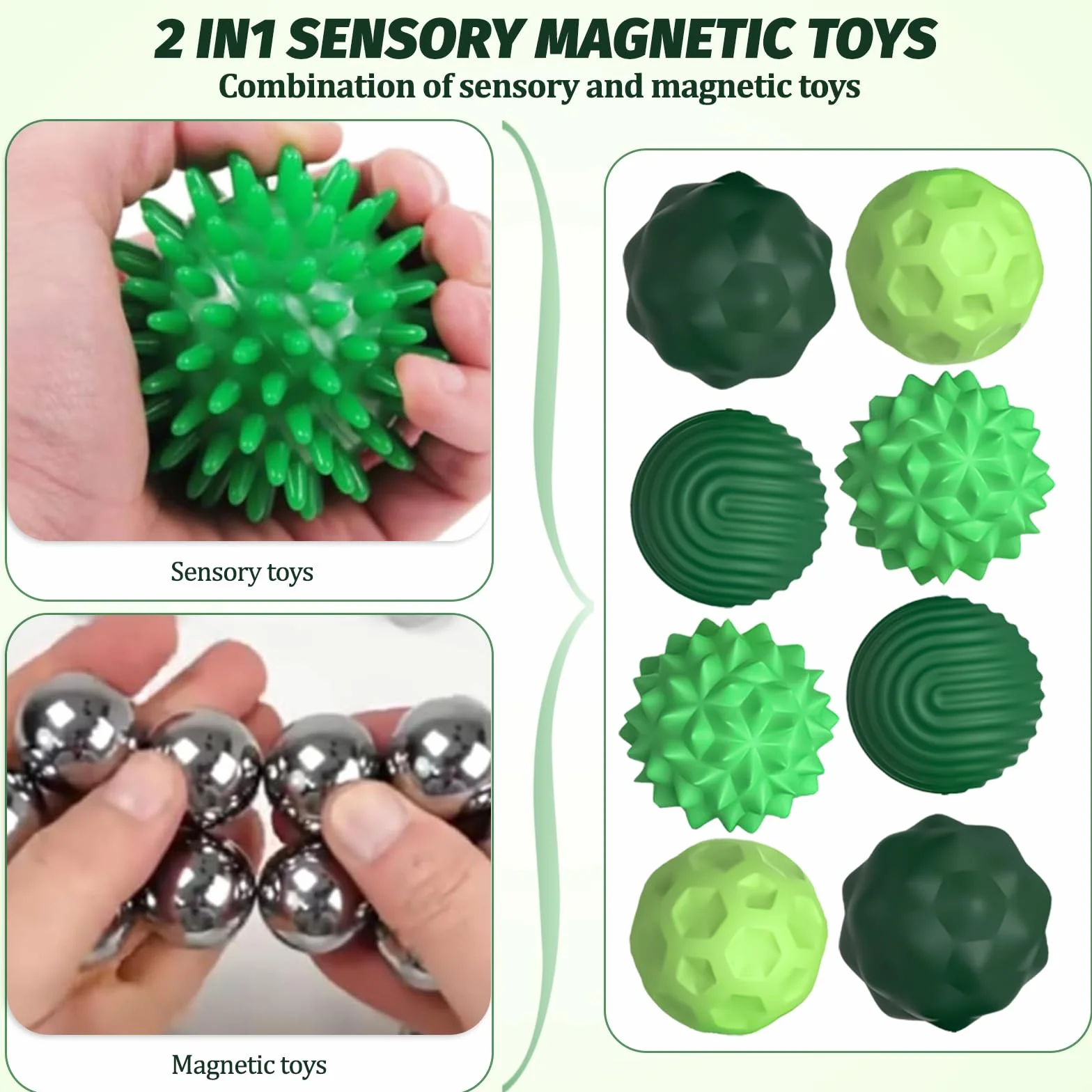 8 Zestaw Magnetycznych Fidget Toys – 4 modele silikonowych kulek + pudełko do przechowywania – Antystresowe zabawki sensoryczne dla dzieci i dorosłych, pomoc w koncentracji i relaksie (Zielony)