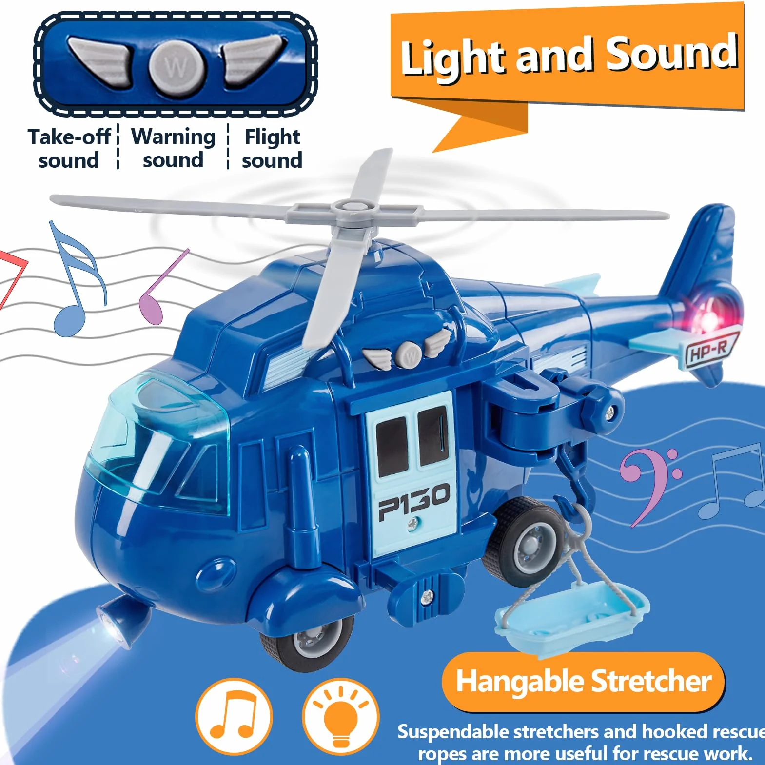 HERSITY Zabawka helikopterowa dla dzieci od 3+ lat, dla chłopców, policyjna helikopter ze światłem i dźwiękiem, śmigło obrotowe, samolot, niebieski, prezent dla małych dzieci w wieku 4, 5, 6 lat