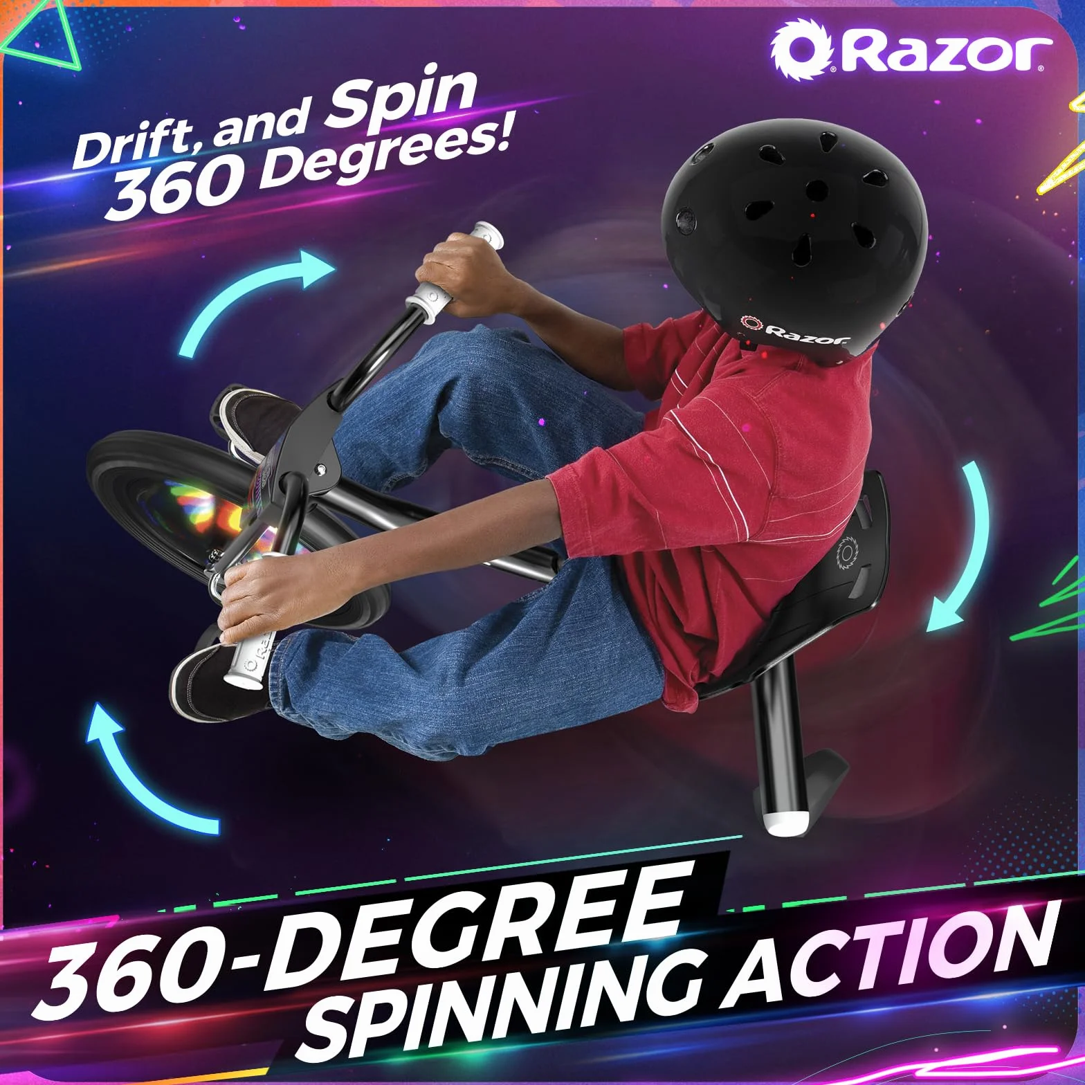 Razor RipRider 360 Lightshow - Trike z odlewami tylnymi i aktywowanymi ruchem wielokolorowymi światłami, 3-kołowy drifting dla dzieci w wieku 5 i powyżej