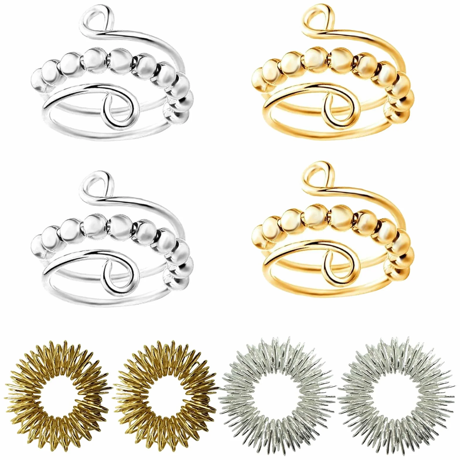 Zestaw 8 pierścieni Fidget Rings, regulowane pierścienie antystresowe, zabawki antystresowe, do masażu palców, antystresowe, z perłami, łagodzące lęki, pierścionki nastrojowe