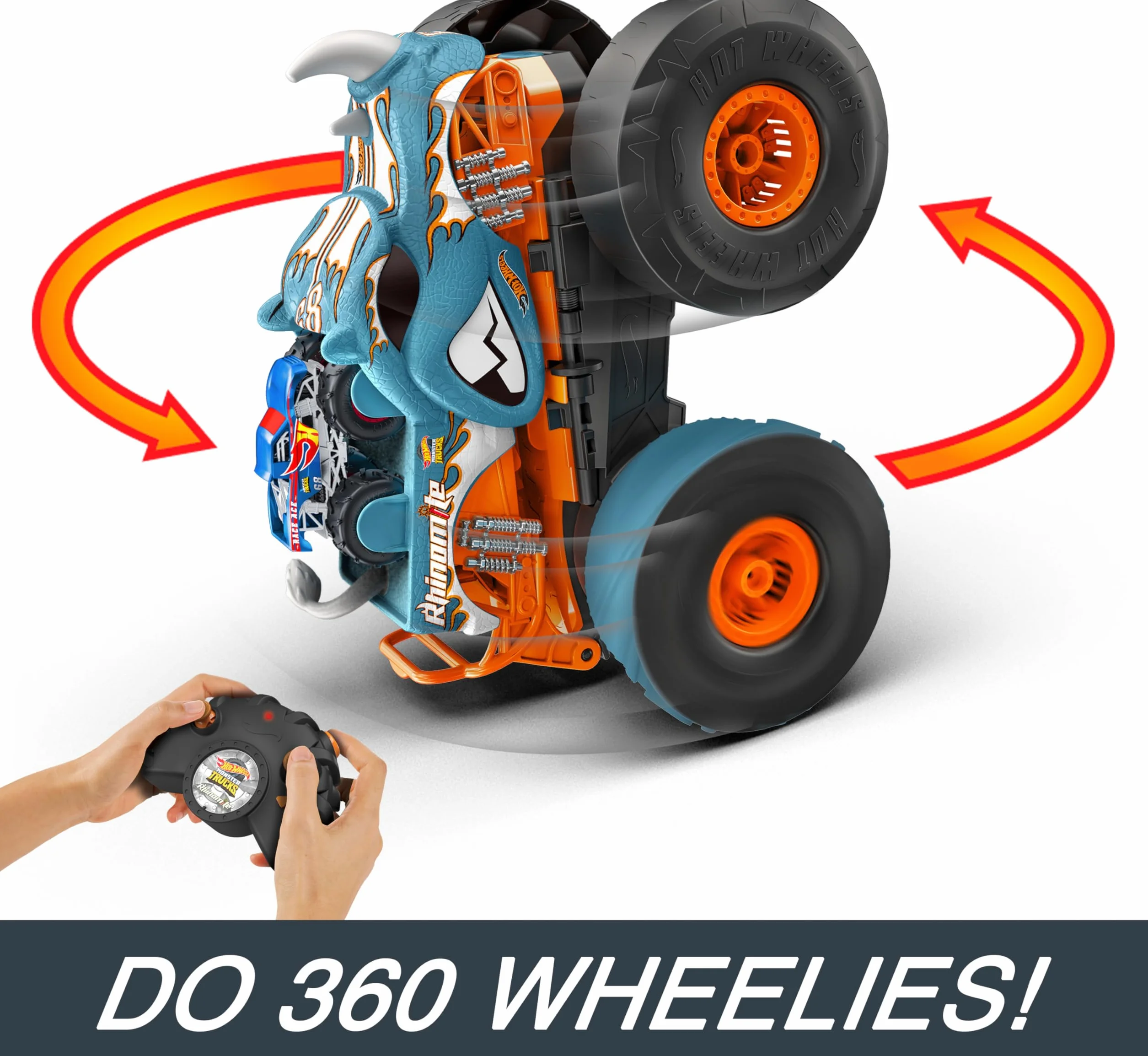 Hot Wheels Monster Trucks R/C Rhinomite Mega Transformacja Pojazd zdalnie sterowany 1:12 + pojazd Race Ace w skali 1:64, transformacja w wyrzutnię, łączy się z pomarańczowym torem, HPK27