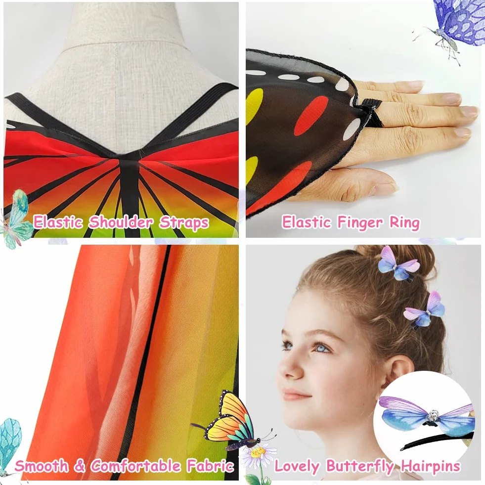 Peleryna motyla, kostium dziewczynki, 3 szt., peleryna motyla, skrzydła motyli, peleryny z klipsem do włosów w motyle, dla dziewczyn, księżniczki, sprawiając, że wyglądasz jak zabawa na imprezie