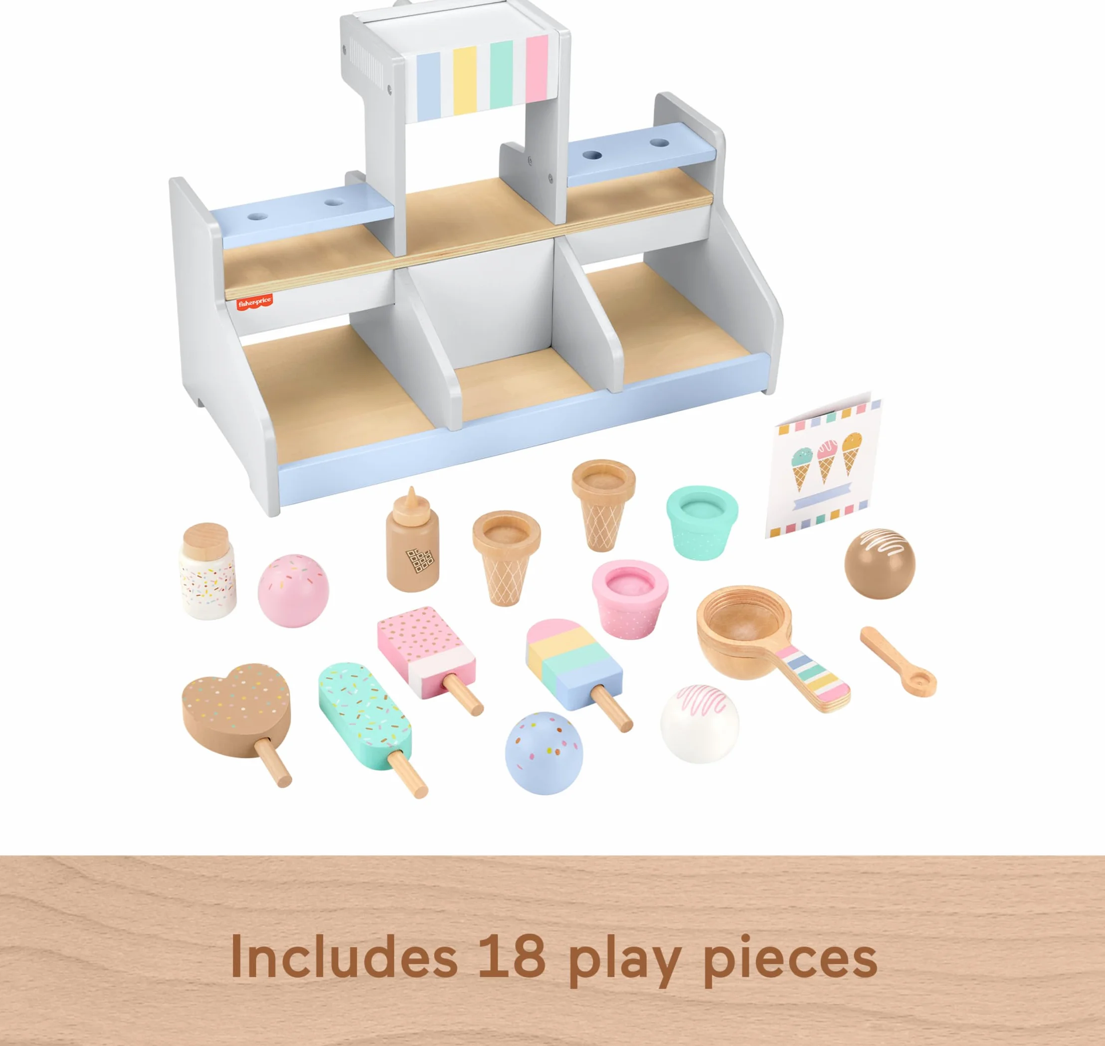 Fisher-Price Drewniana lodziarnia Zestaw z 18 elementami do zabawy w naśladowanie Drewniana zabawka dla 3 latków i starszych maluchów, HXV21