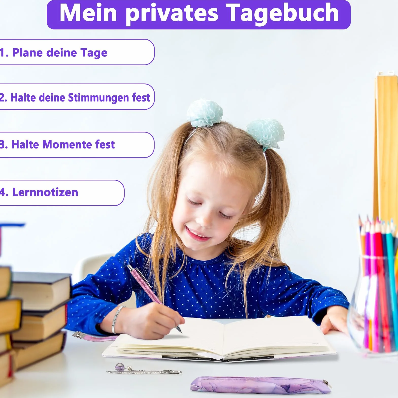 Pamiętnik z kodem dla dziewcząt, format A5, zestaw do pisania dla dziewcząt z zamkiem szyfrowym, dziennik nastolatków z zamkiem w kolorze fioletowym, pudełko prezentowe z piórnikiem