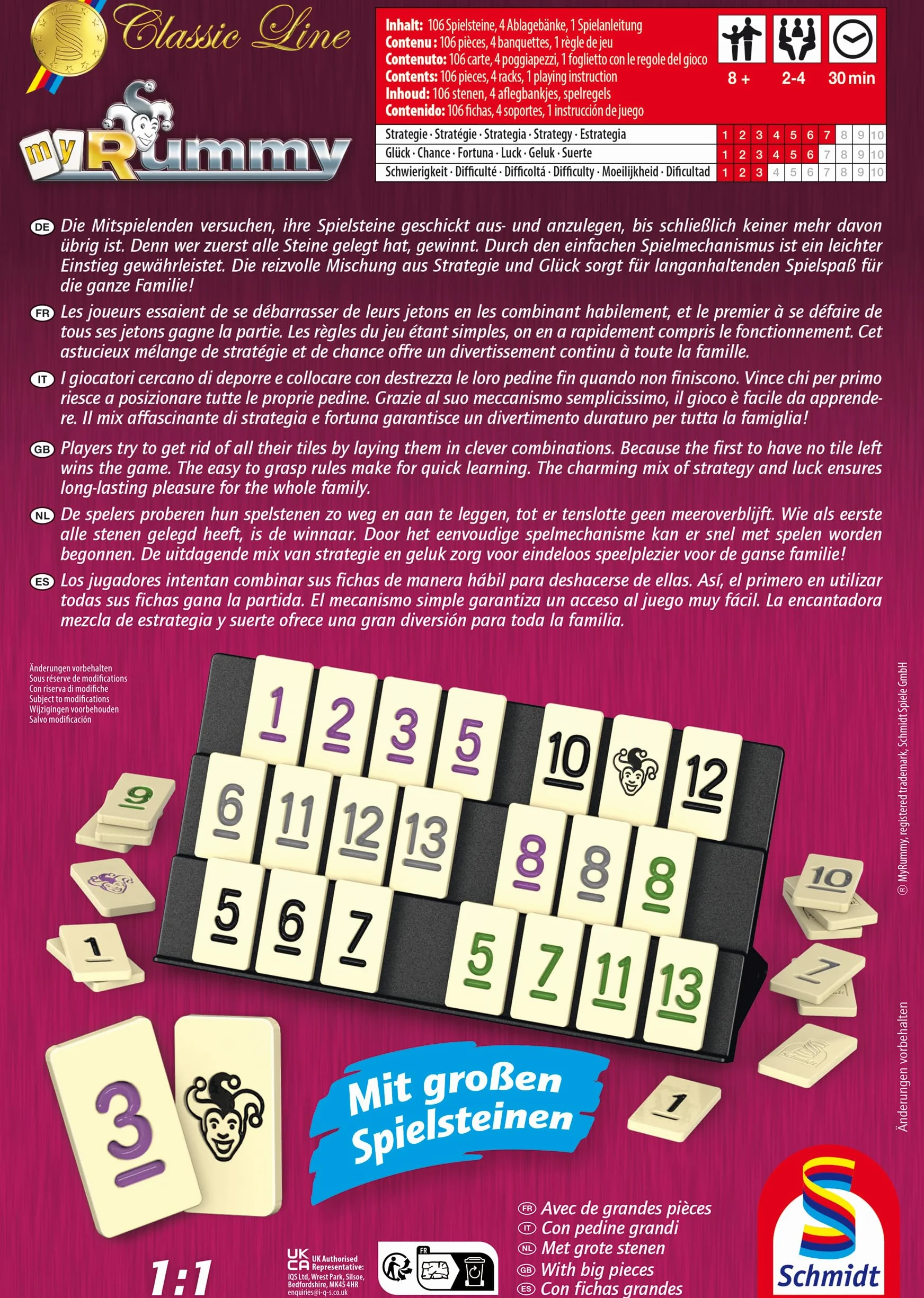 Schmidt Spiele MyRummy Classic Line, gra z dużymi kamieniami, metalowa puszka