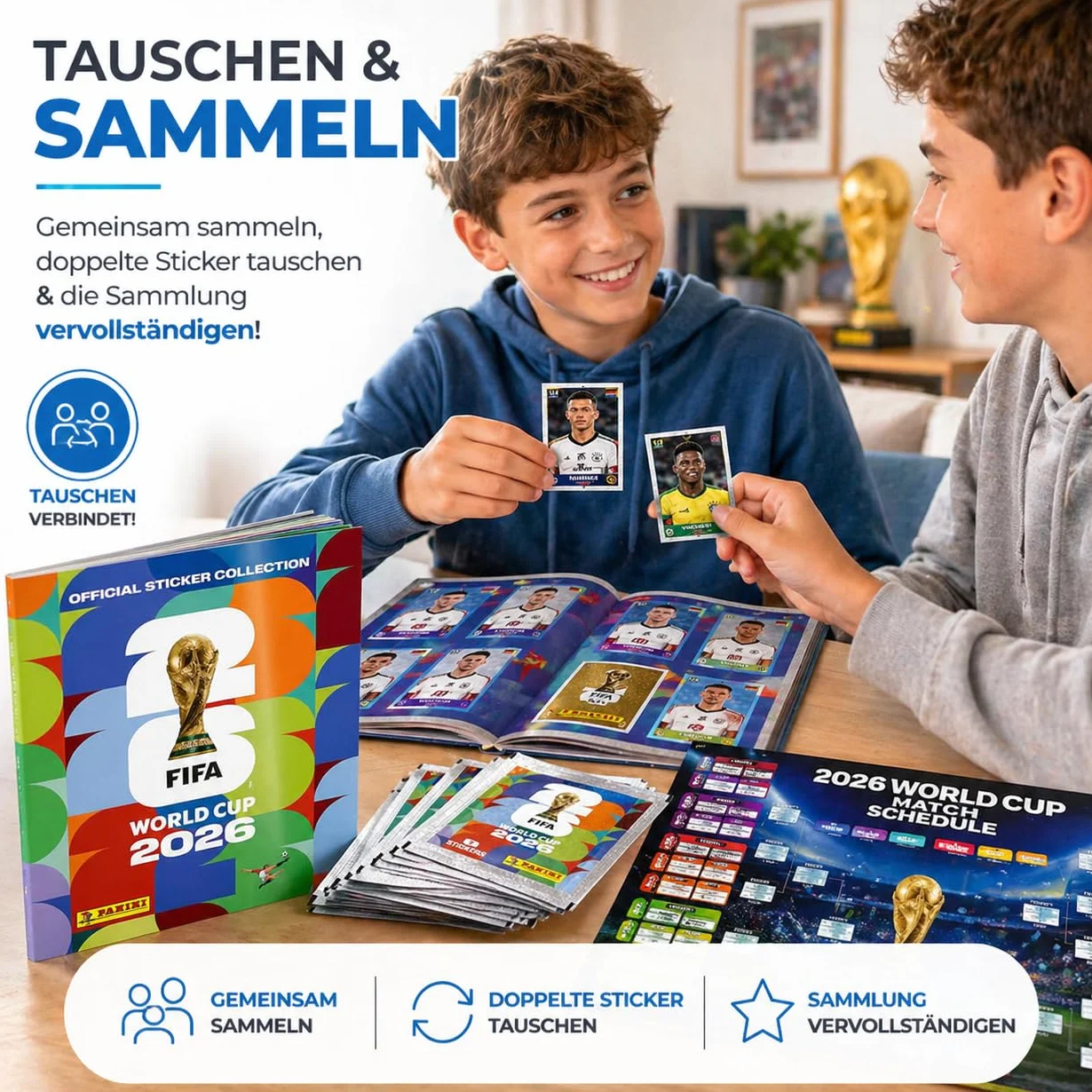 Panini WM 2026 zestaw naklejek i albumów – Mistrzostwa Świata 2026 – piłka nożna – łańcuszek z kwiatów – plan meczów