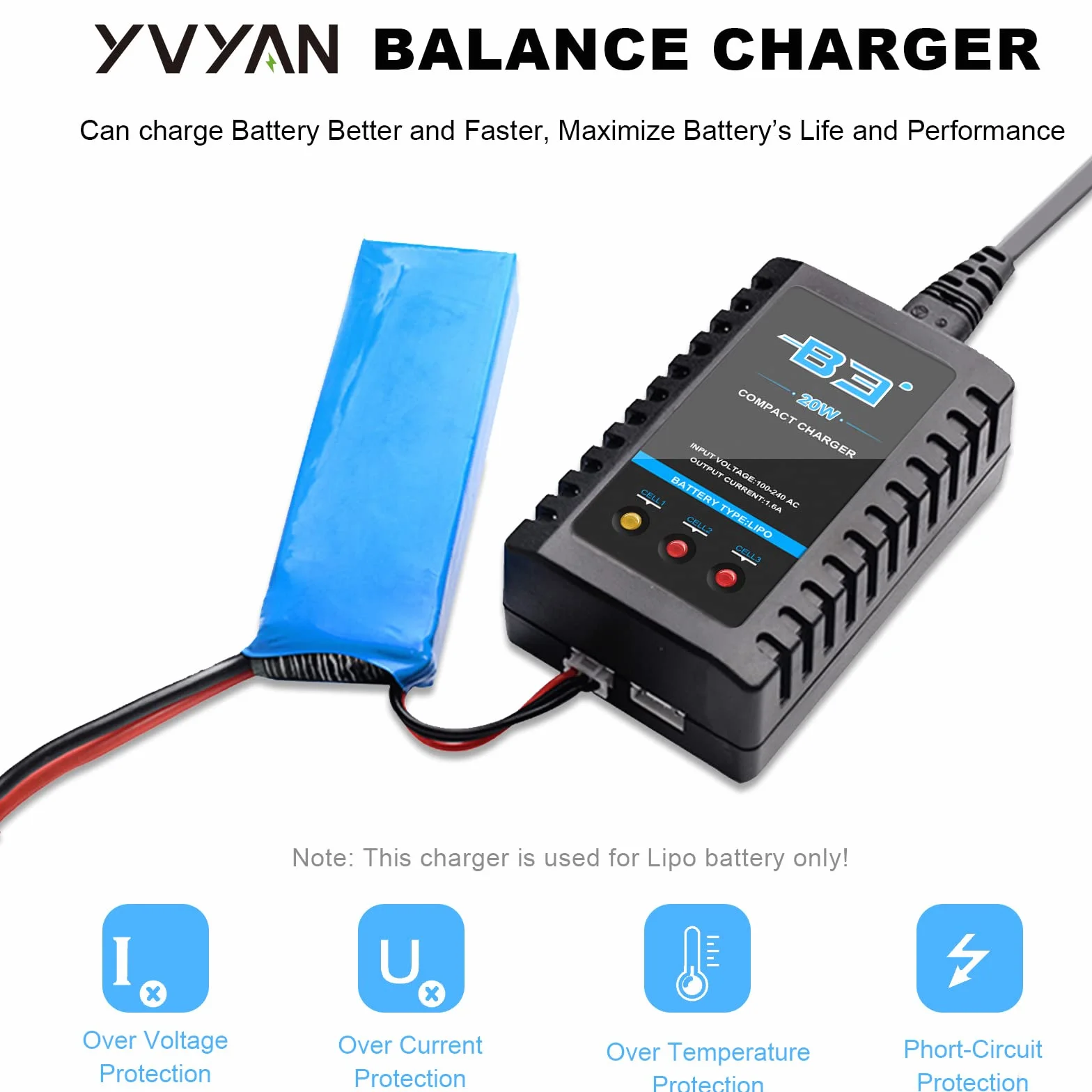 Cargador de batería B3 Lipo 2S-3S 7.4V-11.1V 100-240V para RC