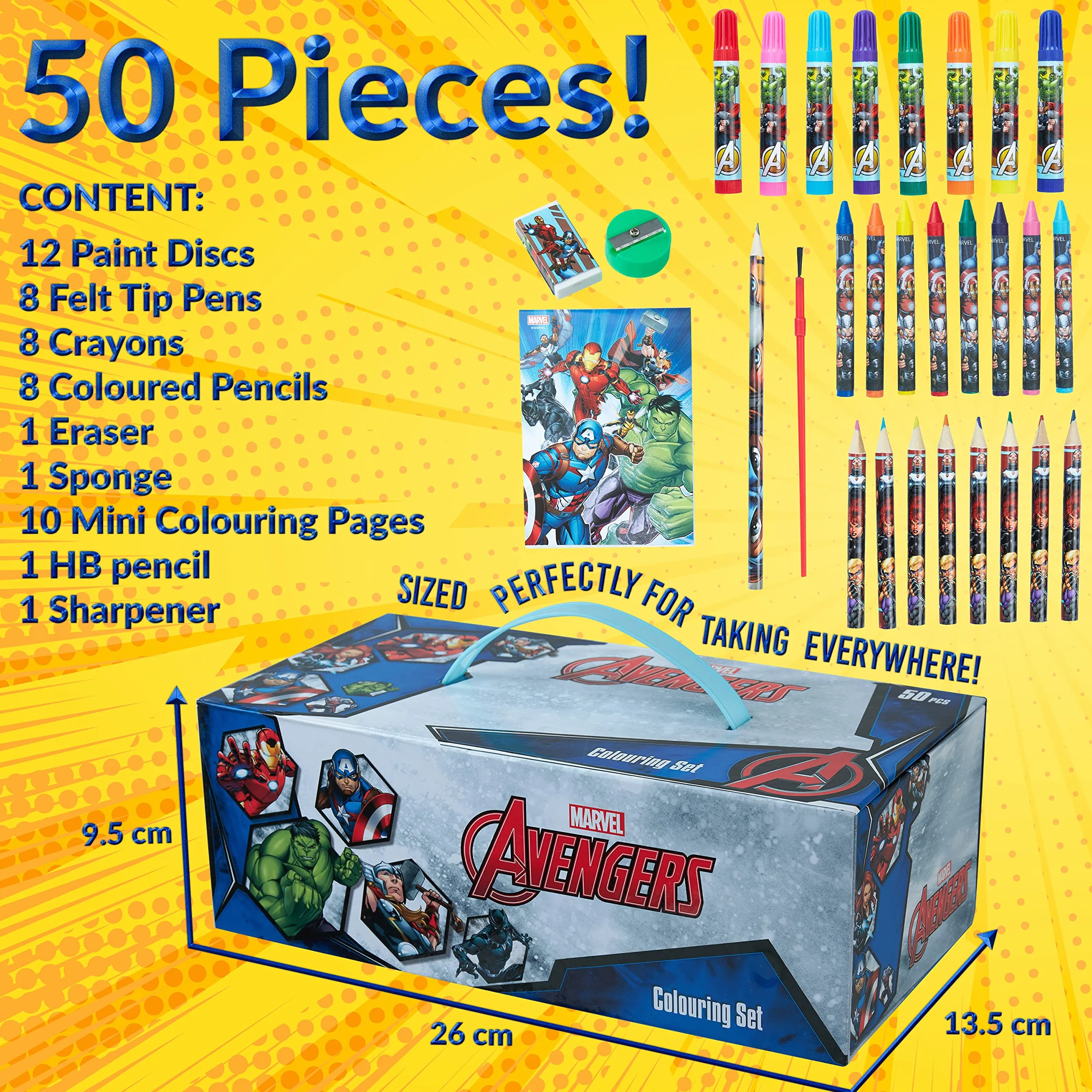 Marvel Aktówka Farby dla dzieci Spiderman Avengers z woskiem i kolorowymi kredkami 40+ sztuk (wielokolorowy Avengers)