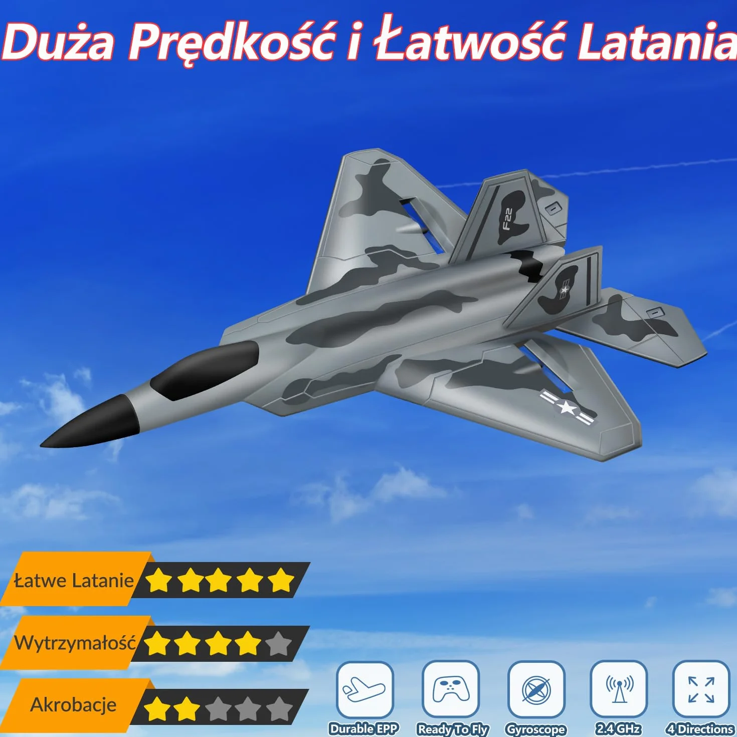 HAWK'S WORK 2-kanałowy Samolot RC, F-22 Samolot Gotowy do Lotu, Pilot 2.4GHz, Łatwy w Pilotażu Lotniowiec RC dla Dzieci i Początkujących