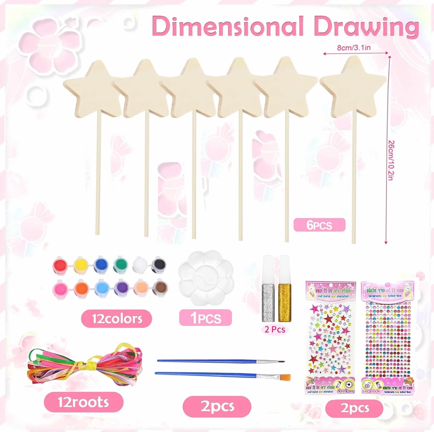 GUOYOU 27 sztuk Magiczna Drewniana Różdżka Księżniczka Różdżka Wróżdżka dla Dzieci Zestaw Rzemiosła Dziewczyny Drewniane DIY Rzemiosło Magiczne Różdżki Wróżki do Malowania