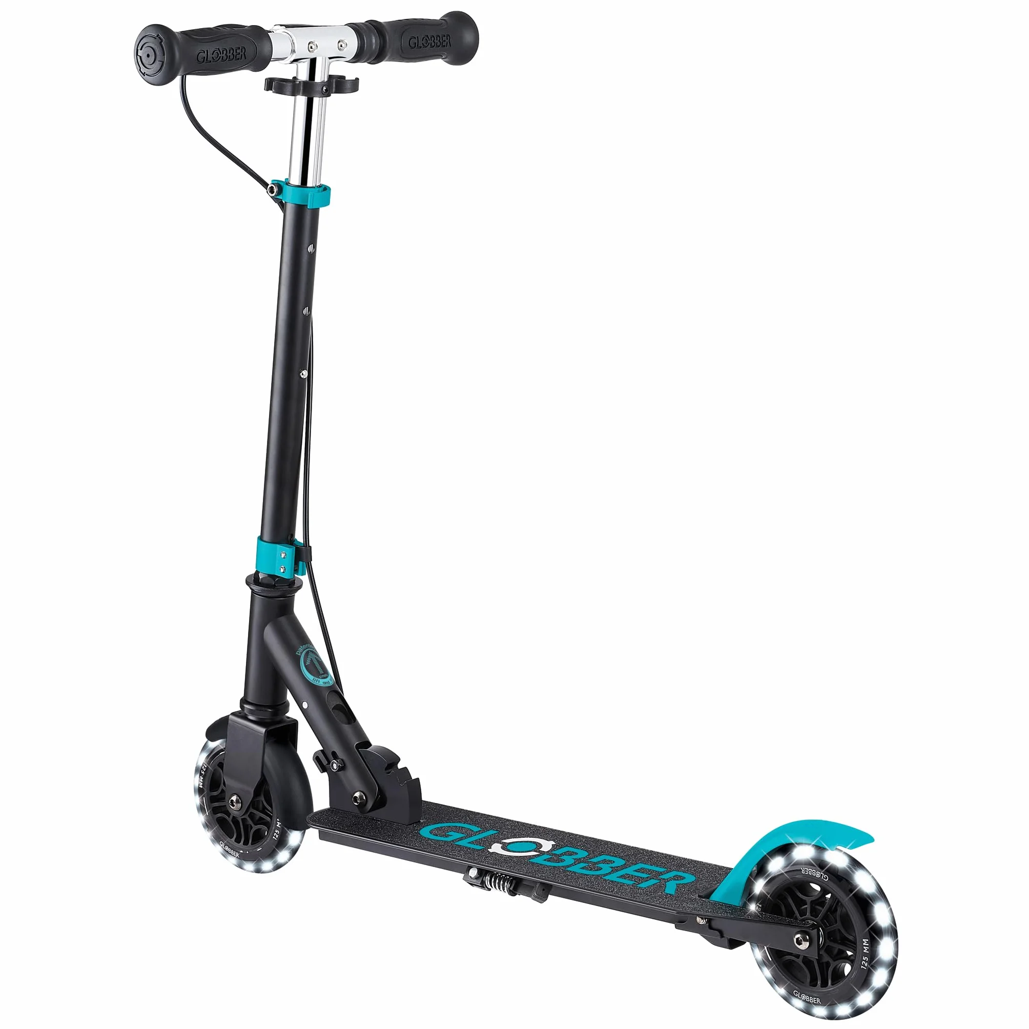 Globber FLOW ELEMENT JUNIOR LIGHTS składana hulajnoga na 2 koła z hamulcem tylnym, regulowaną kierownicą i diodami LED, dla dzieci w wieku od 4 lat, turkusowa