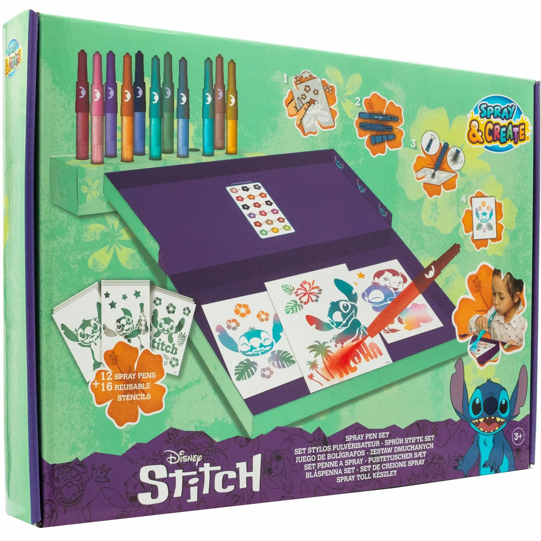 Disney - Lilo & Stitch - zestaw pisaków w sprayu na biurko - kredki dla dzieci - zestaw do malowania z kolorowymi kredkami i szablonami do malowania (ST23368)